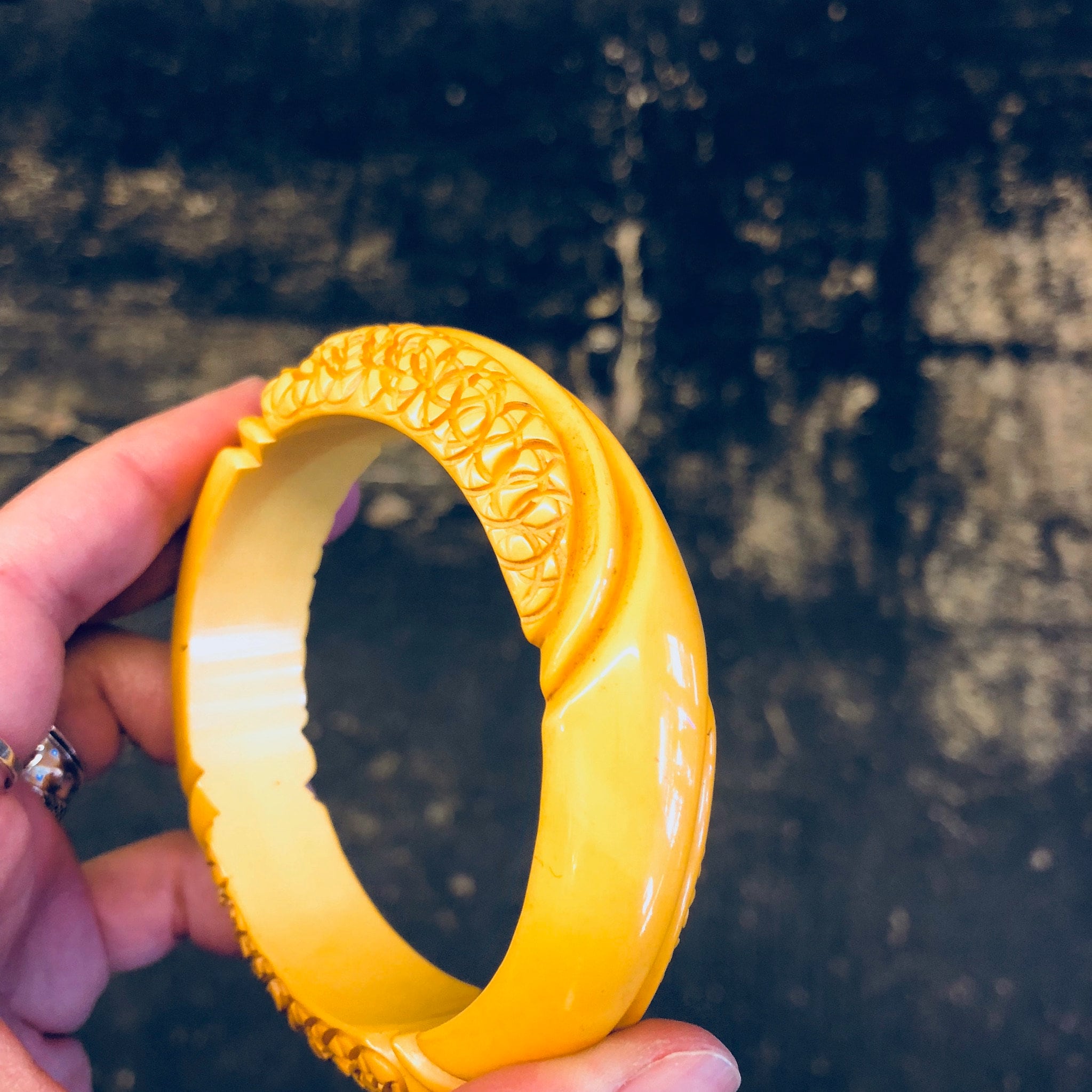 Celluloid Bracelet, Yellow Celluloid, Carved Celluloid, Bangle Bracelet, Vintage Jewelry, Vintage Bracelet, Carved Jewelry, Yellow Jewelry