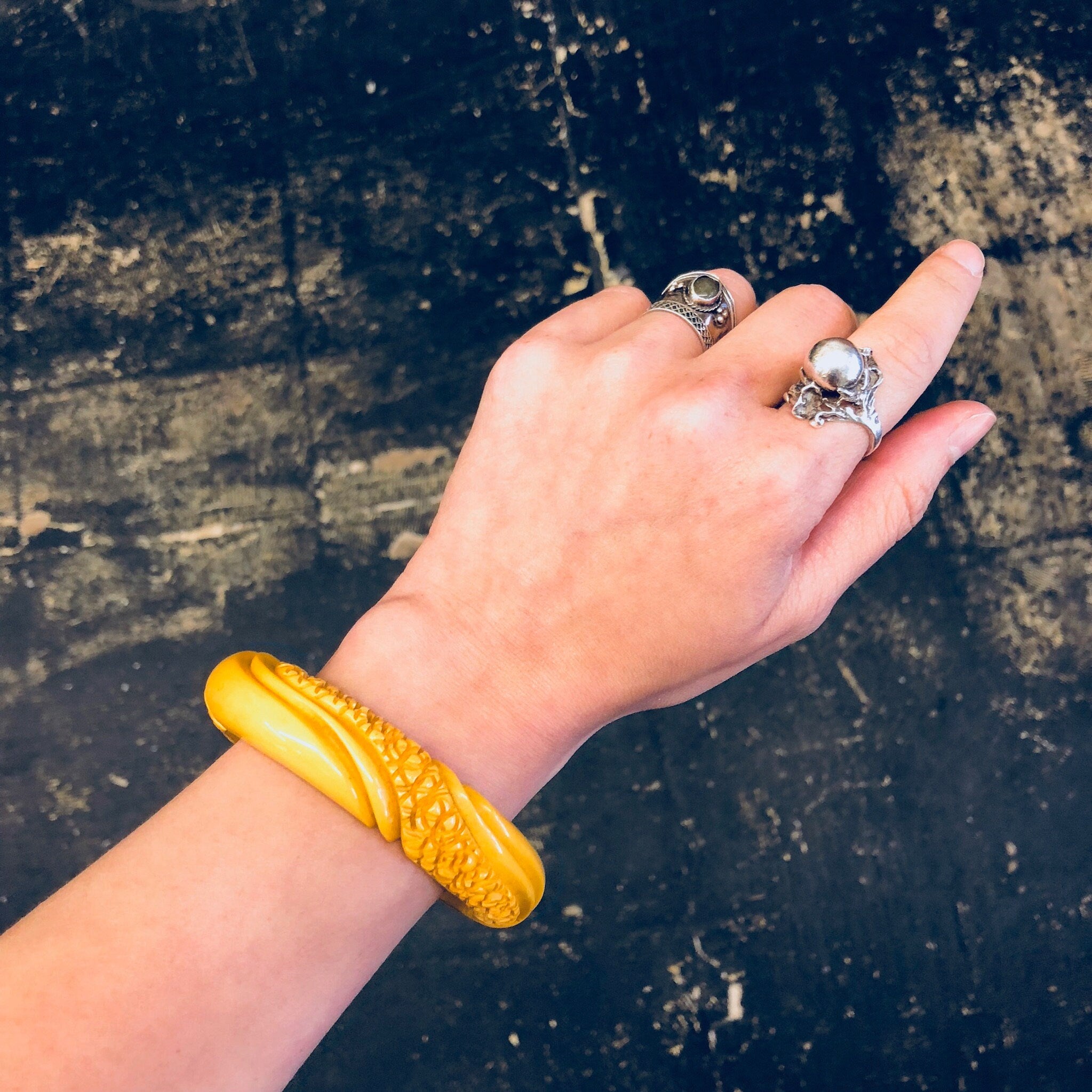 Celluloid Bracelet, Yellow Celluloid, Carved Celluloid, Bangle Bracelet, Vintage Jewelry, Vintage Bracelet, Carved Jewelry, Yellow Jewelry