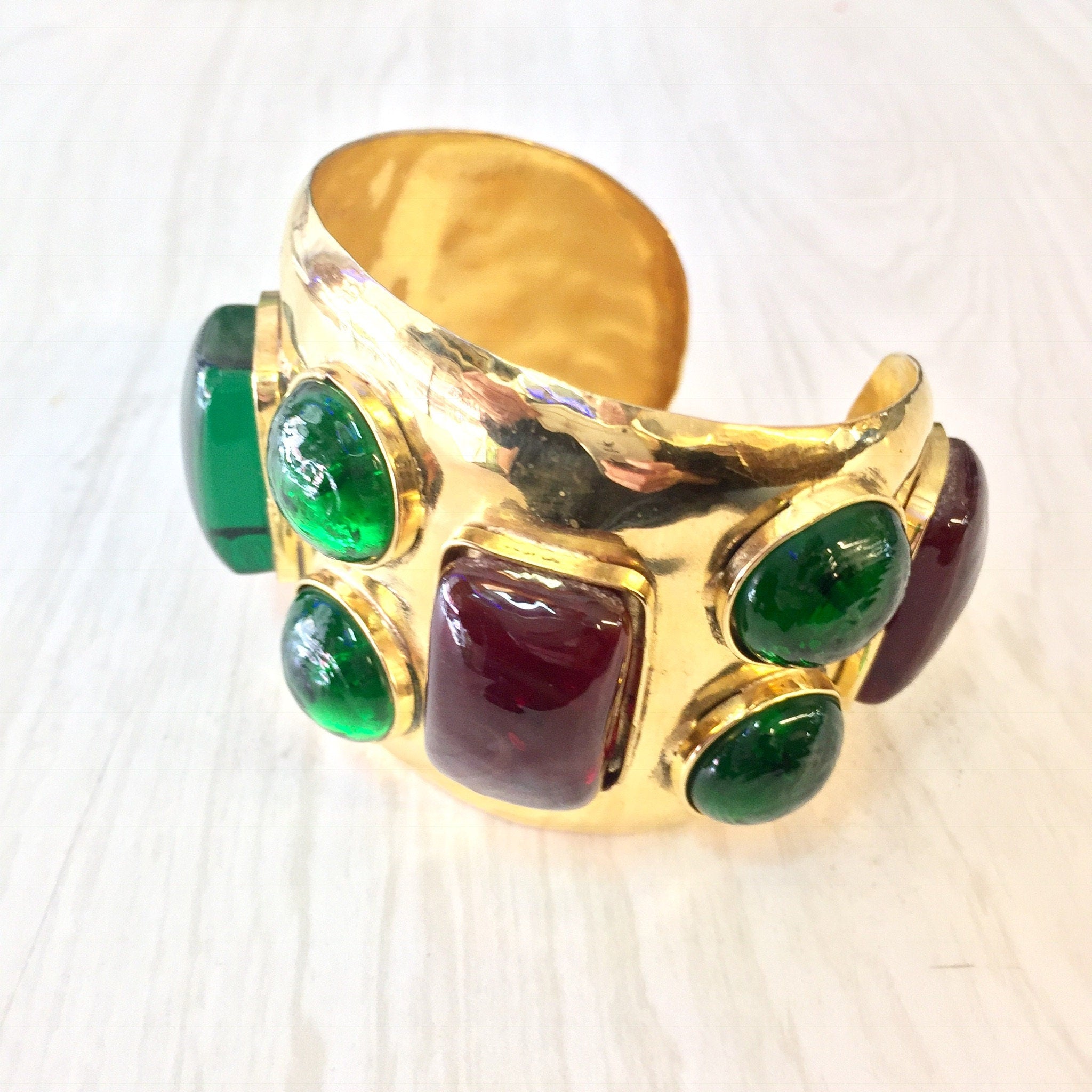 Vintage Cuff Bracelet, Beaded Cuff Bracelet, Gold Toned Bracelet, Large Bracelet, Beaded Jewelry, Vintage Jewelry, Gold, Red, Green, Cuff