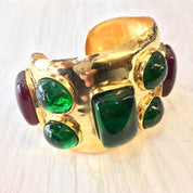 Vintage Cuff Bracelet, Beaded Cuff Bracelet, Gold Toned Bracelet, Large Bracelet, Beaded Jewelry, Vintage Jewelry, Gold, Red, Green, Cuff