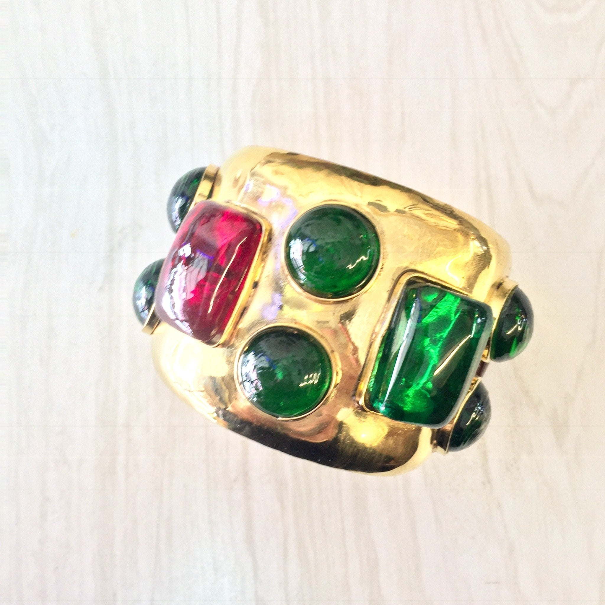 Vintage Cuff Bracelet, Beaded Cuff Bracelet, Gold Toned Bracelet, Large Bracelet, Beaded Jewelry, Vintage Jewelry, Gold, Red, Green, Cuff