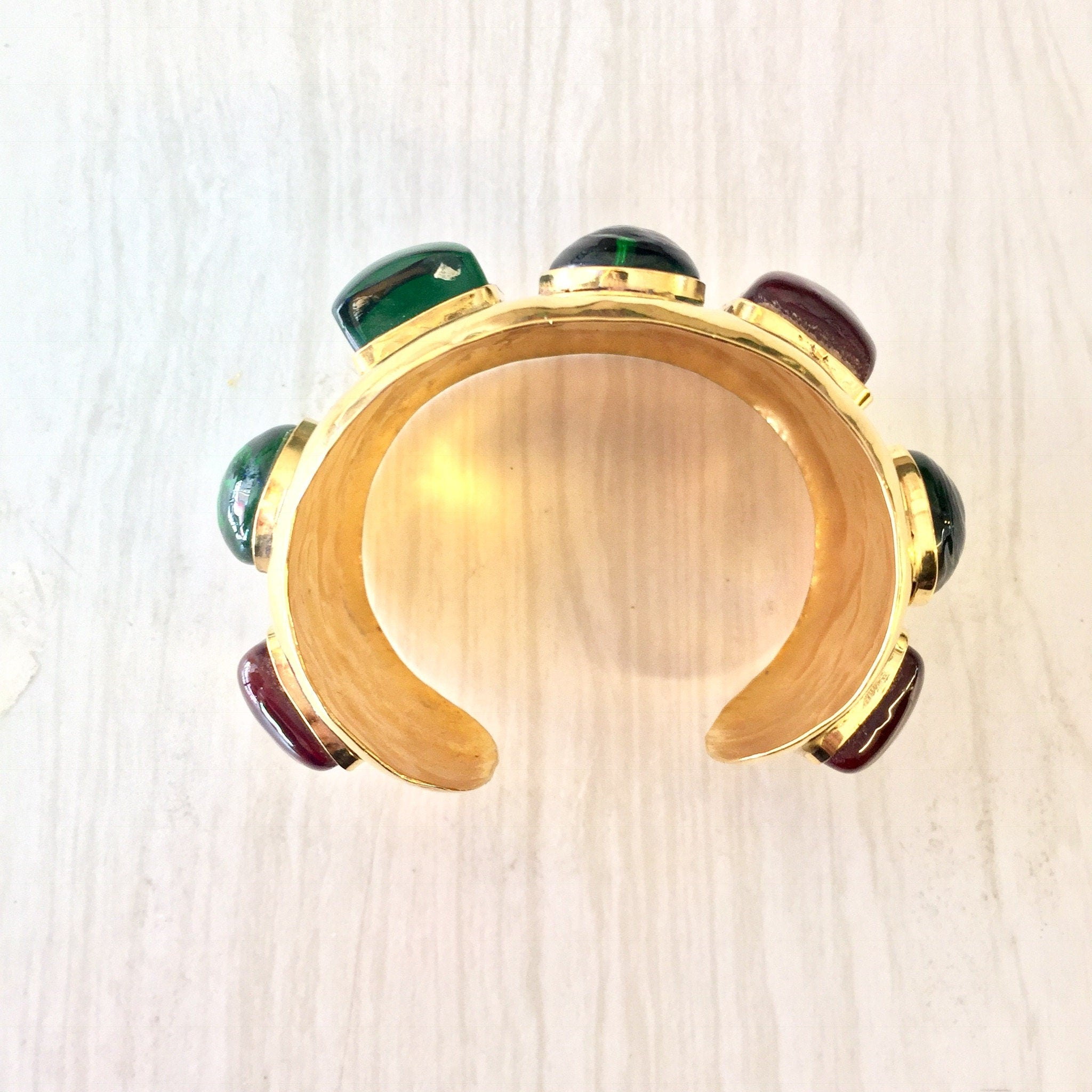 Vintage Cuff Bracelet, Beaded Cuff Bracelet, Gold Toned Bracelet, Large Bracelet, Beaded Jewelry, Vintage Jewelry, Gold, Red, Green, Cuff
