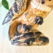 Vintage ceramic owl figurine statue with brown and black glazed finish, perched on branch, for home decor or Mother's Day gift.