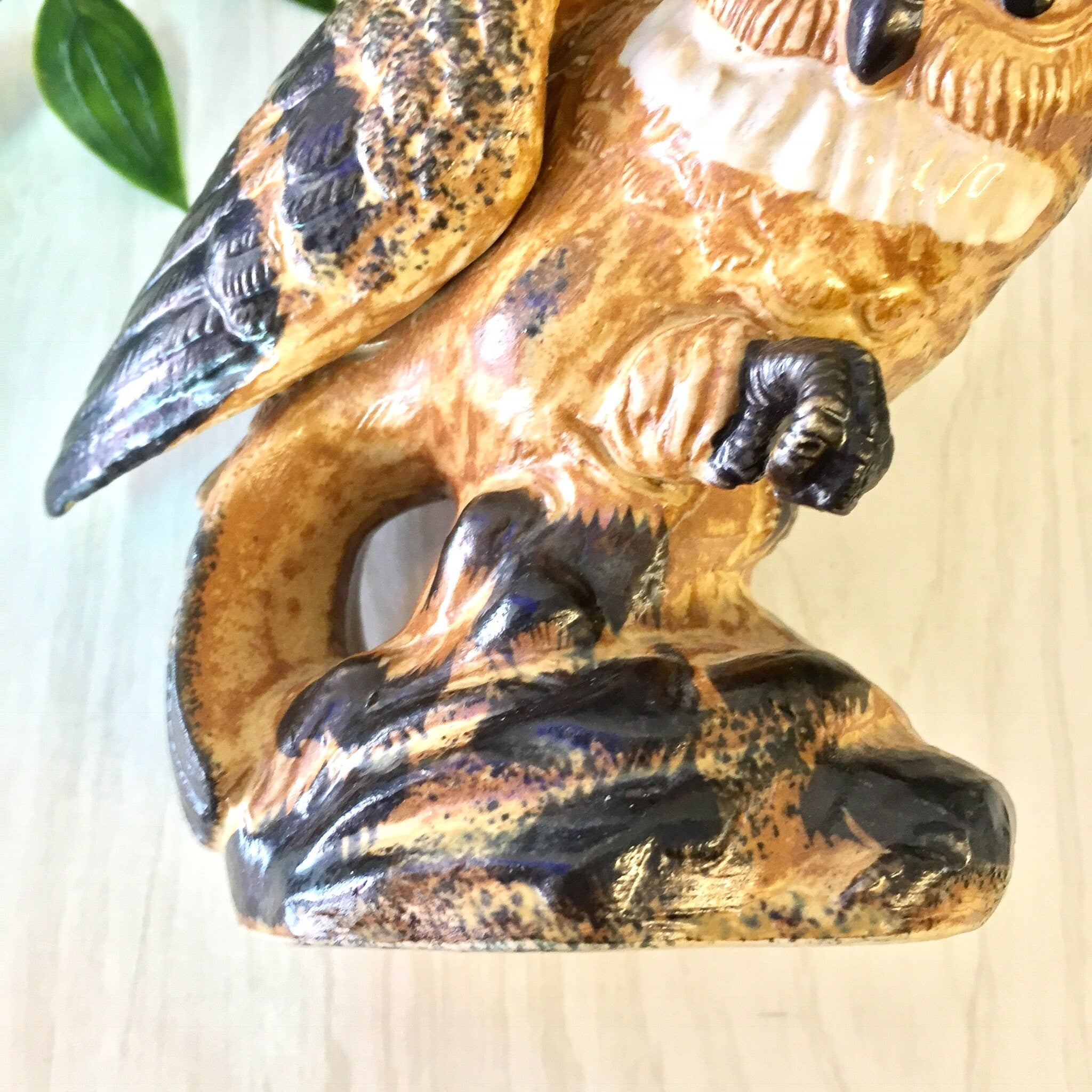 Vintage ceramic owl figurine statue with brown and black glazed finish, perched on branch, for home decor or Mother's Day gift.