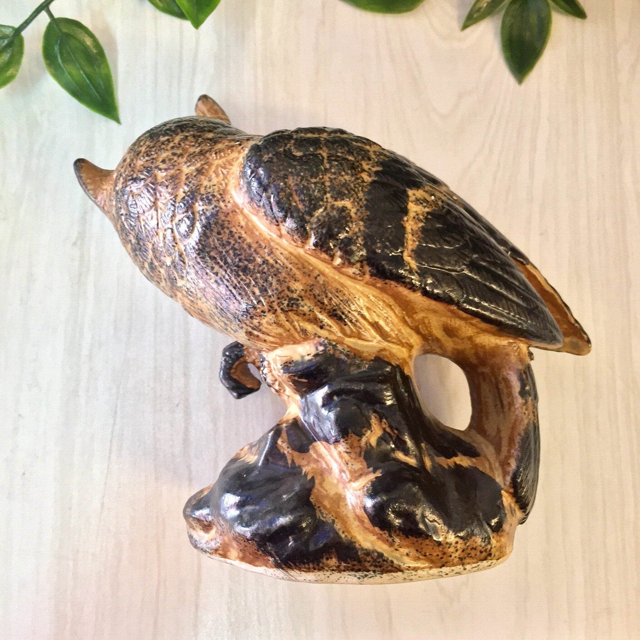 Vintage ceramic owl figurine with brown and black glazed finish, suitable for home decor or as a gift