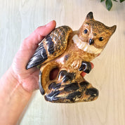 Vintage ceramic owl figurine with brown and black glaze, perfect for home decor or as a Mother's Day gift