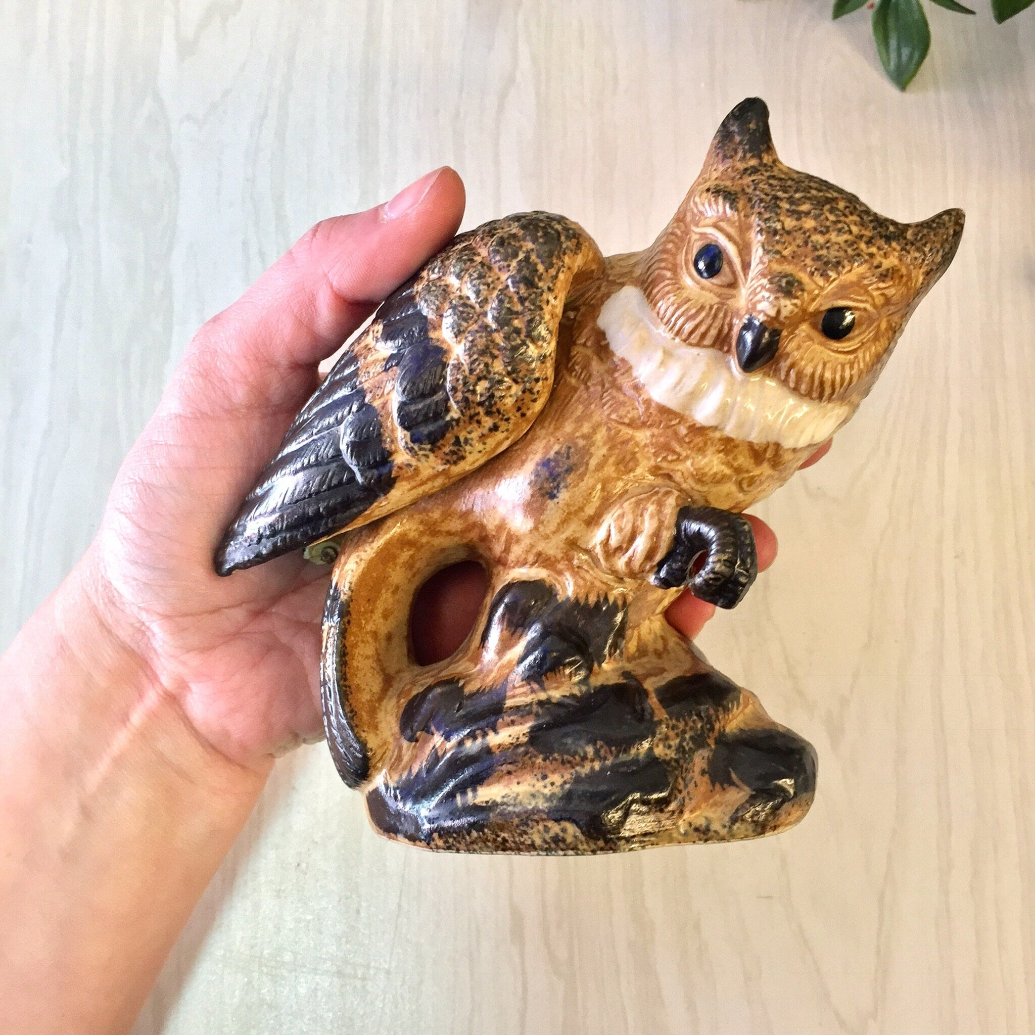 Vintage ceramic owl figurine with brown and black glaze, perfect for home decor or as a Mother's Day gift