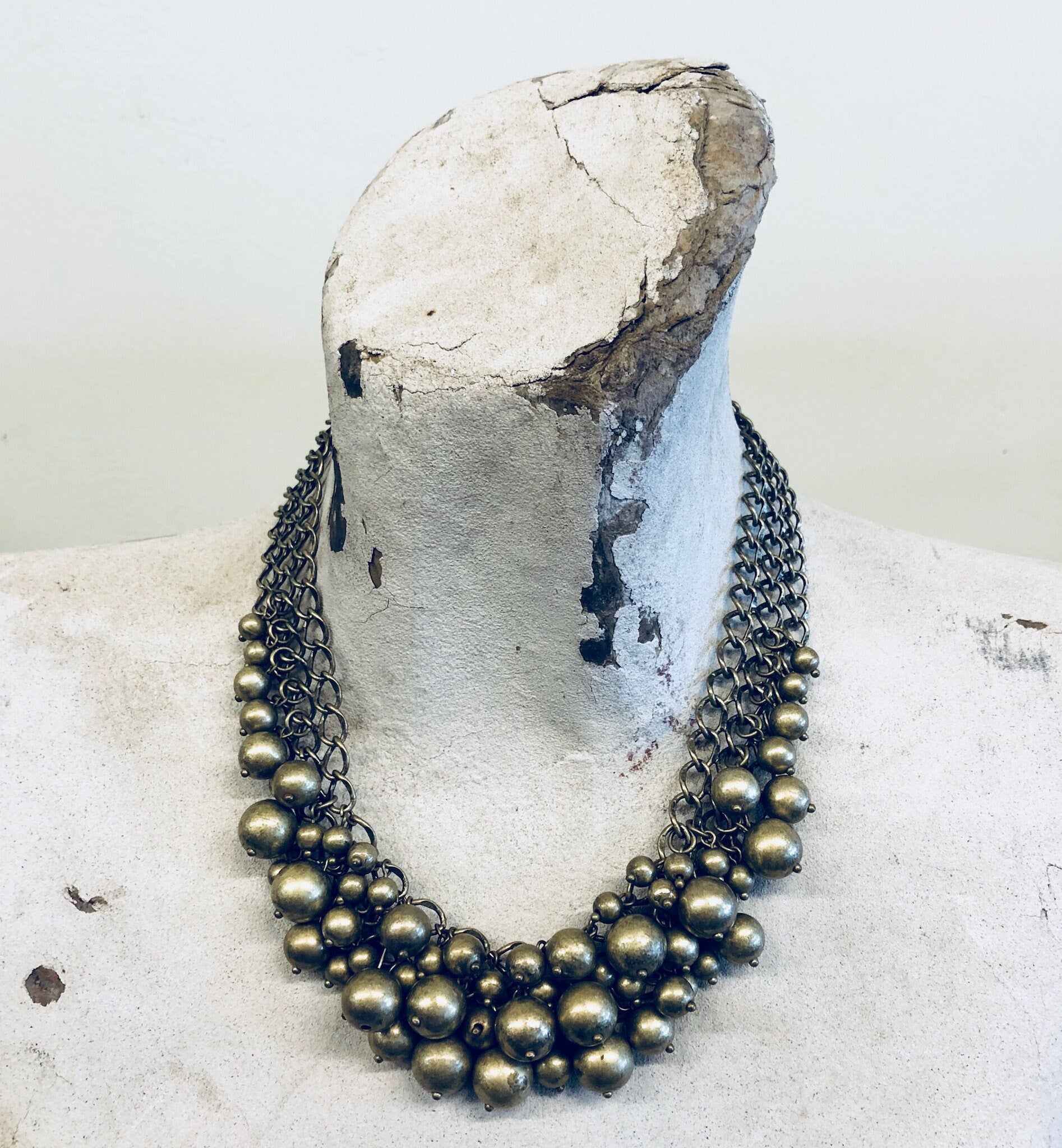 Vintage Necklace, Choker, Vintage Jewelry, Gold Toned Necklace, Bib Necklace, Statement Jewelry, Costume Jewelry, Brass Toned, Ball Necklace
