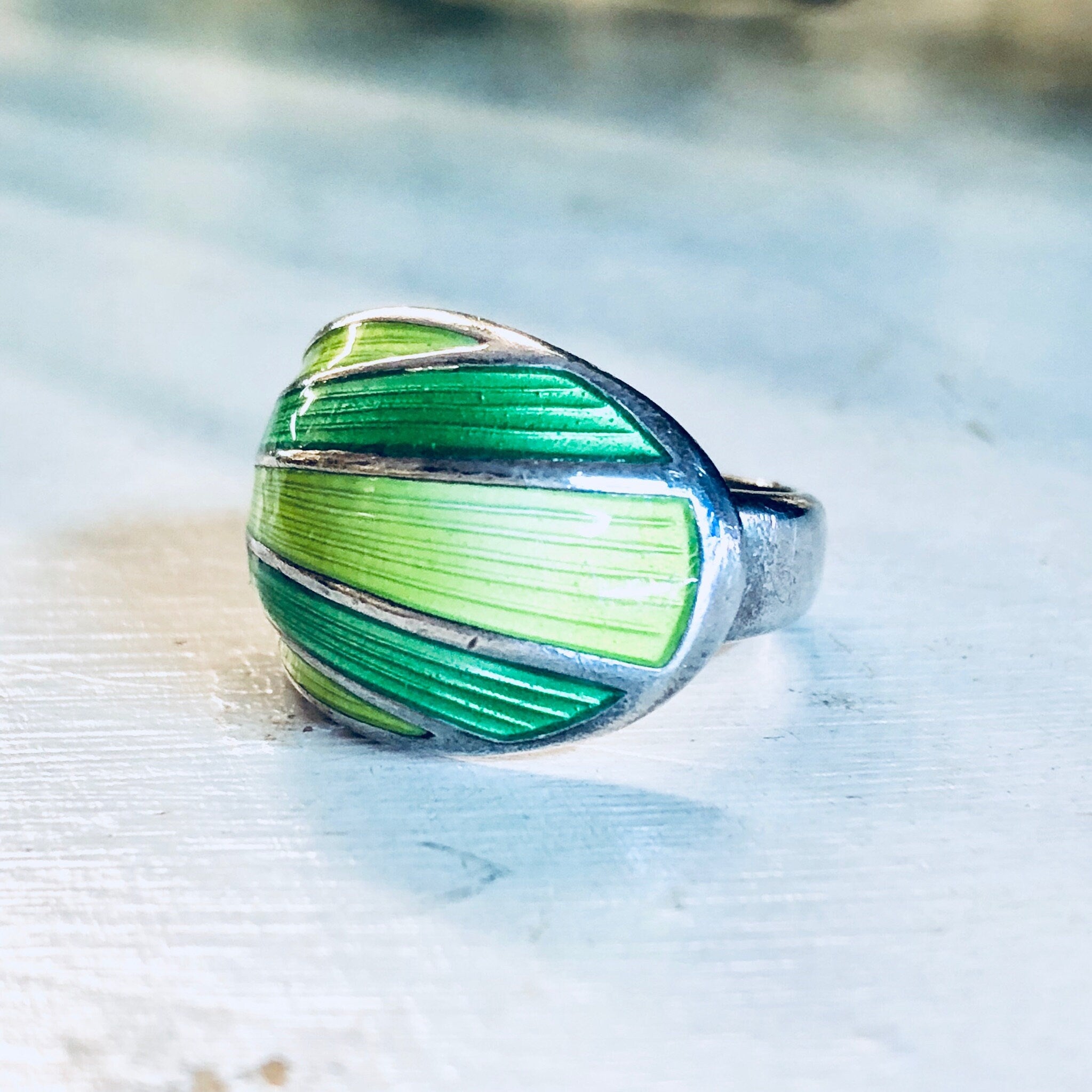 Vintage Silver Ring, David Andersen Ring, Norwegian Jewelry, Green Enamel Ring, Adjustable Ring, Vintage Jewelry, Green Jewelry, Shell Shape