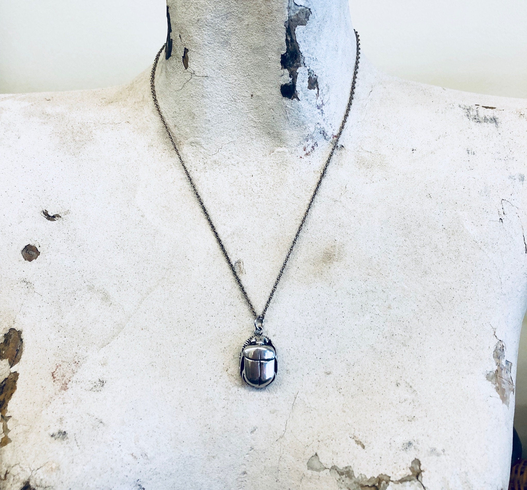 Vintage Silver Pendant, Scarab Necklace, Vintage Necklace, Vintage Jewelry, Sterling Silver, Silver Chain, Scarab Jewelry, Pendant, Bug