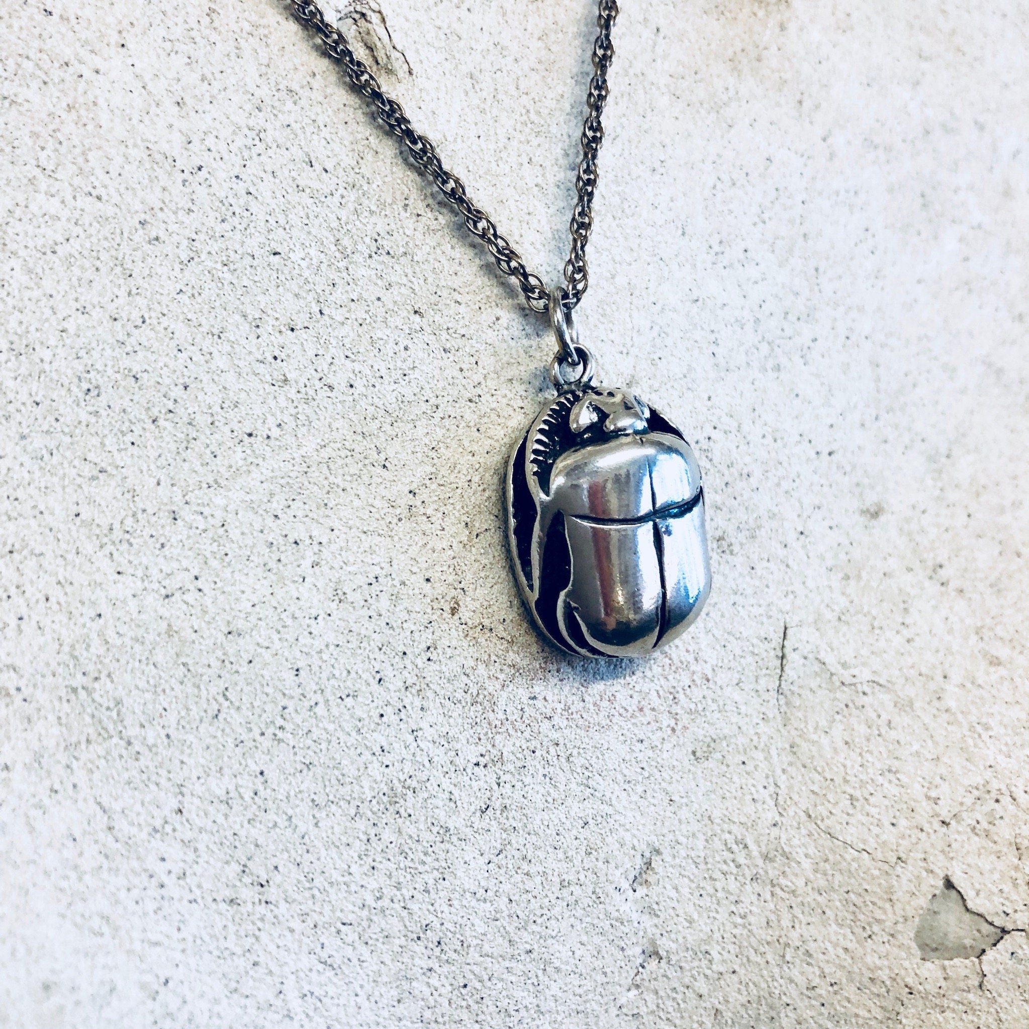 Vintage Silver Pendant, Scarab Necklace, Vintage Necklace, Vintage Jewelry, Sterling Silver, Silver Chain, Scarab Jewelry, Pendant, Bug