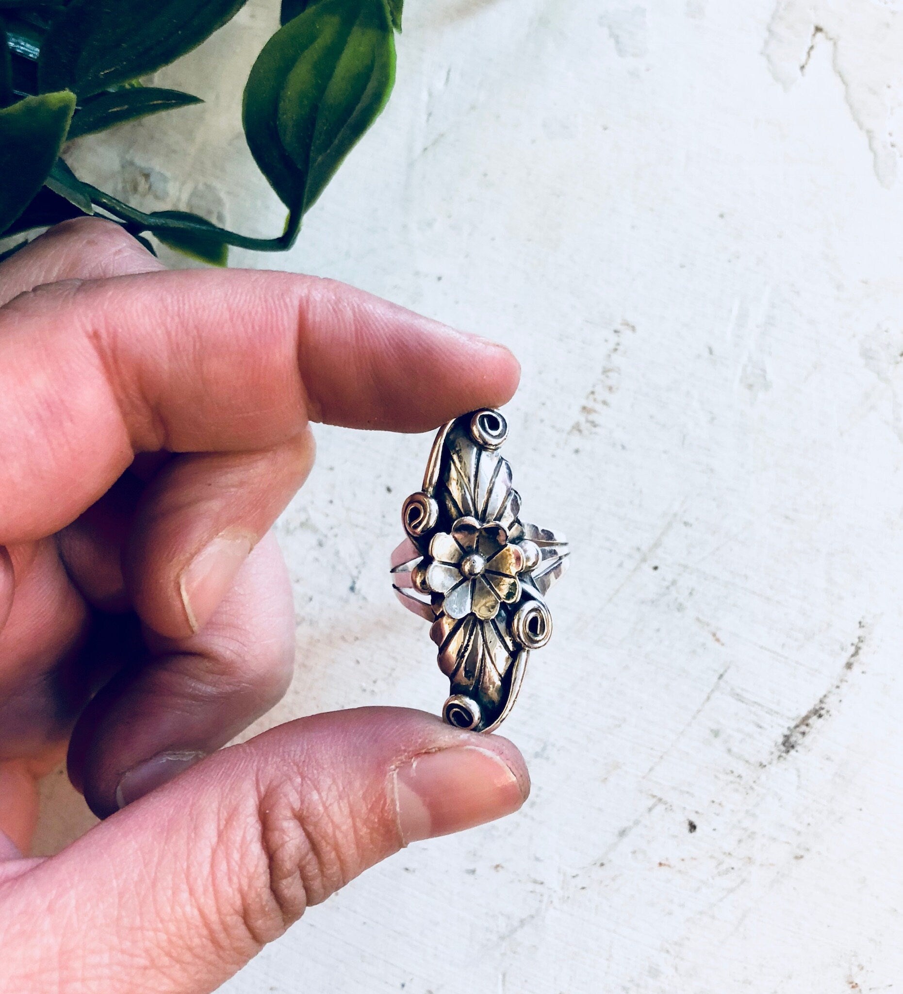 Vintage Silver Ring, RB Sterling, Navajo Ring, Navajo Jewelry, Running Bear, Vintage Jewelry, Statement Ring, Floral Ring, Flower, Long Ring