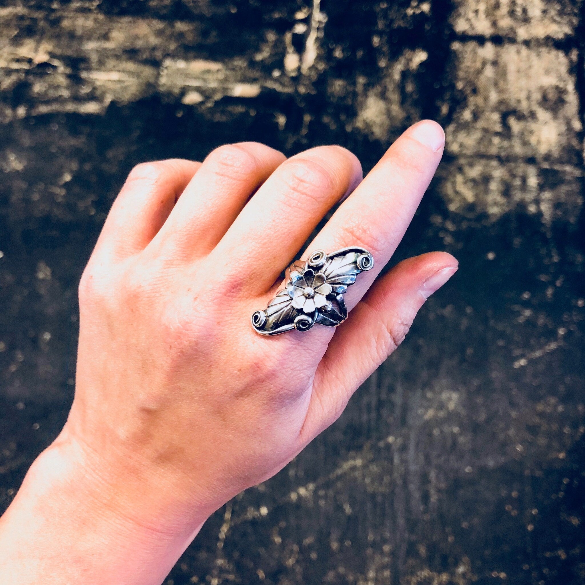 Vintage Silver Ring, RB Sterling, Navajo Ring, Navajo Jewelry, Running Bear, Vintage Jewelry, Statement Ring, Floral Ring, Flower, Long Ring