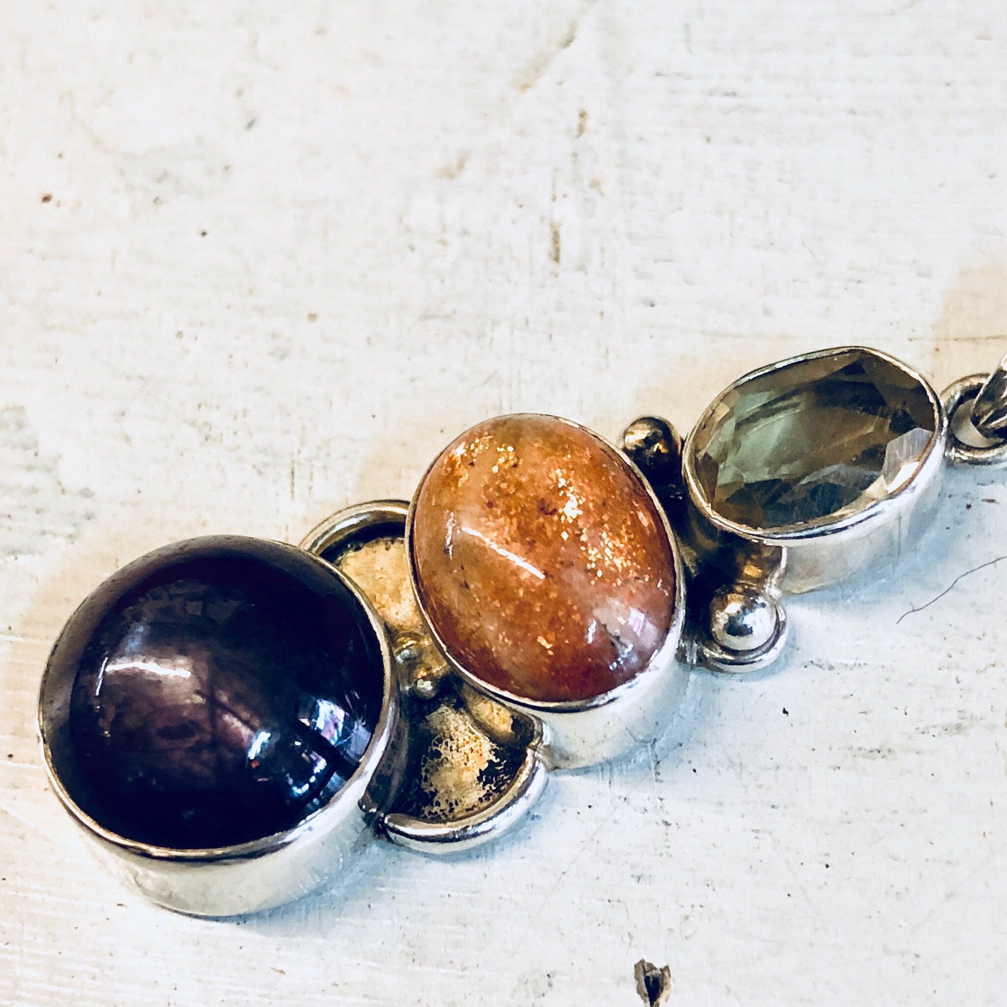 Vintage Silver Pendant, Sterling Silver, Vintage Jewelry, Vintage Necklace, Pendant, Smoky Quartz, Orange, Purple, Natural Stones, Necklace