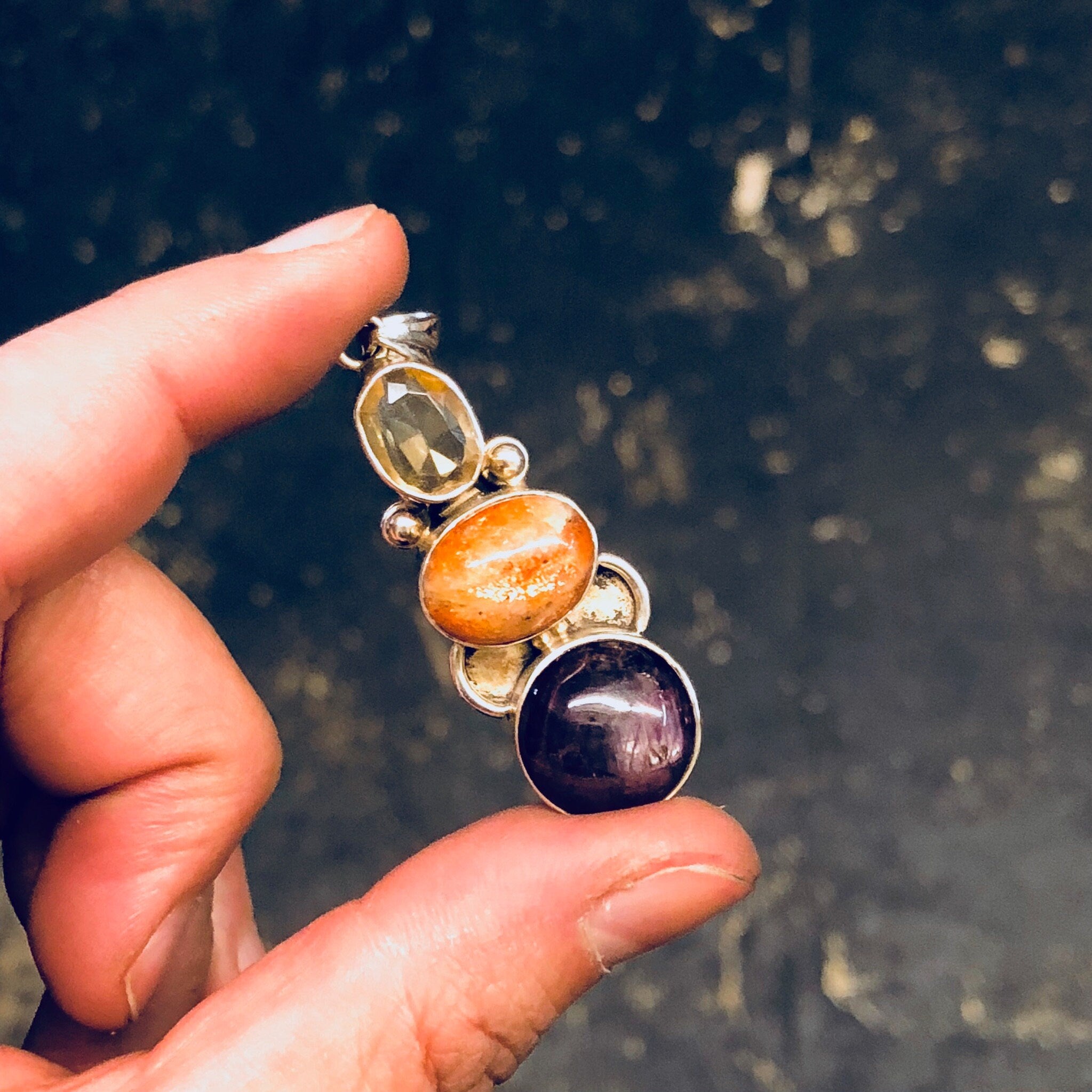 Vintage Silver Pendant, Sterling Silver, Vintage Jewelry, Vintage Necklace, Pendant, Smoky Quartz, Orange, Purple, Natural Stones, Necklace