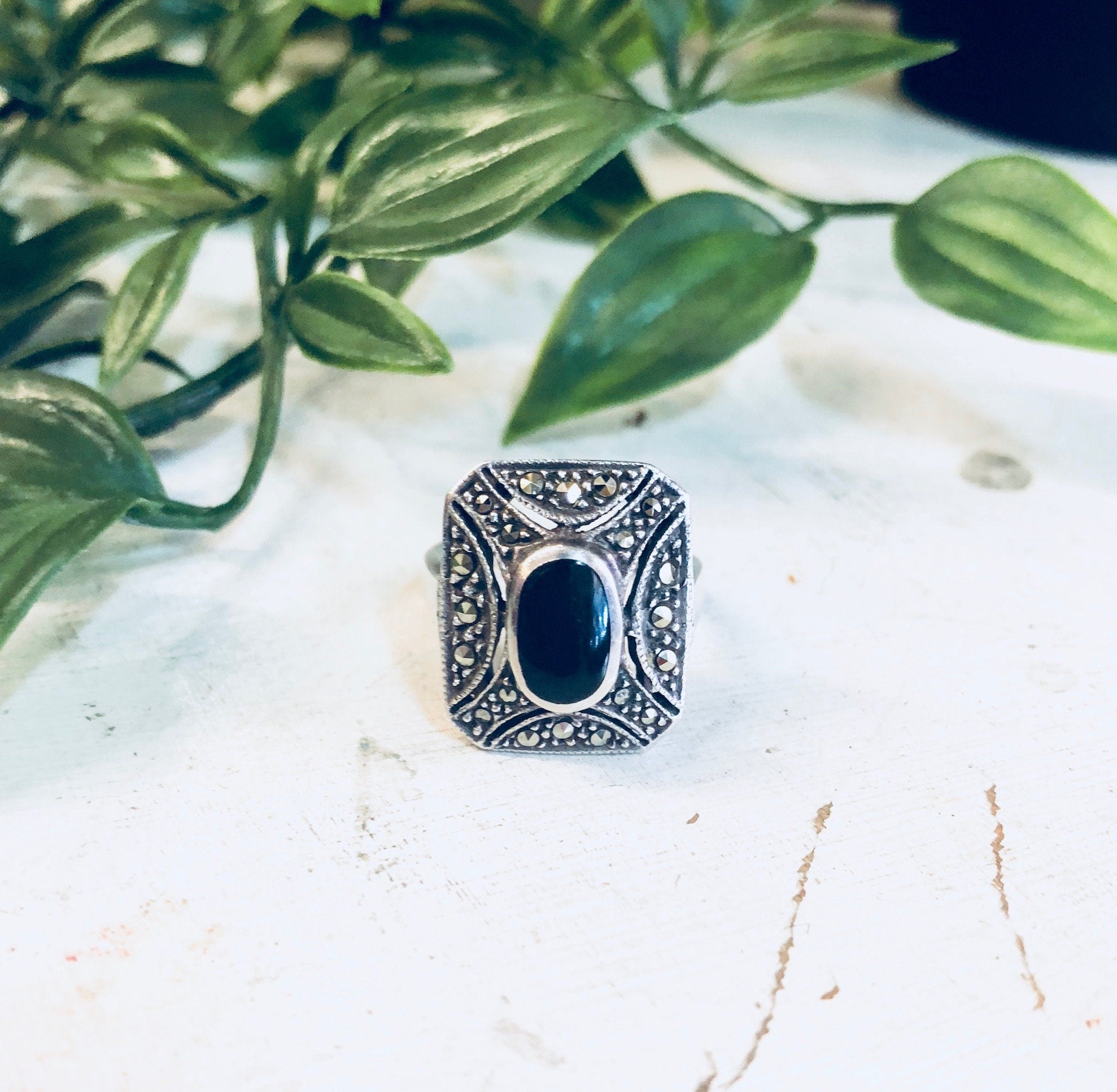 Vintage Silver Ring, Black Onyx Ring, Marcasite Stones, Vintage Jewelry, Sterling Silver, Square Ring, Onyx Jewelry, Black Stone, Engagement