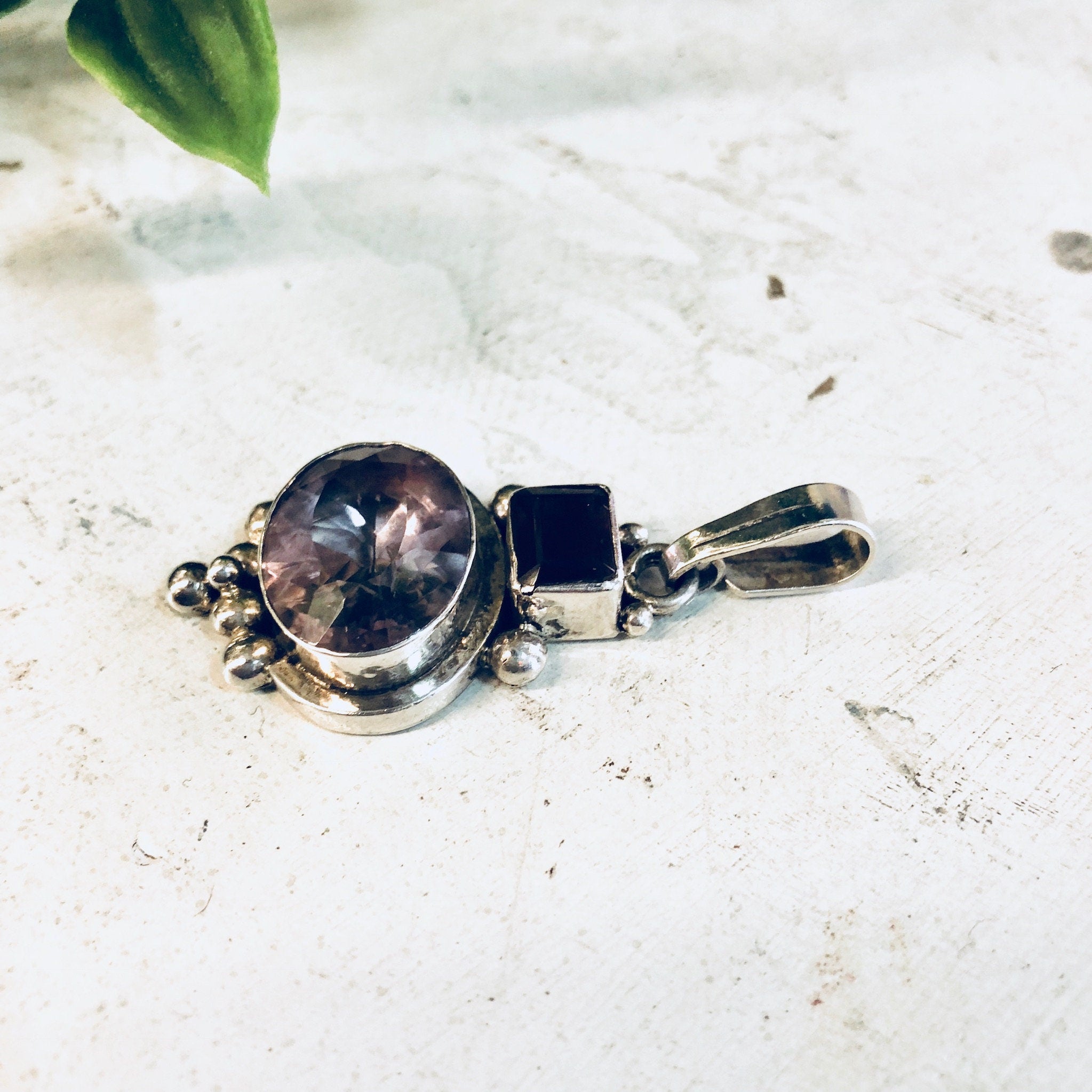 Vintage Silver Pendant, Sterling Silver, Vintage Jewelry, Hessonite Garnet, Amethyst Pendant, Gemstone Pendant, Vintage Necklace, Brown Gem