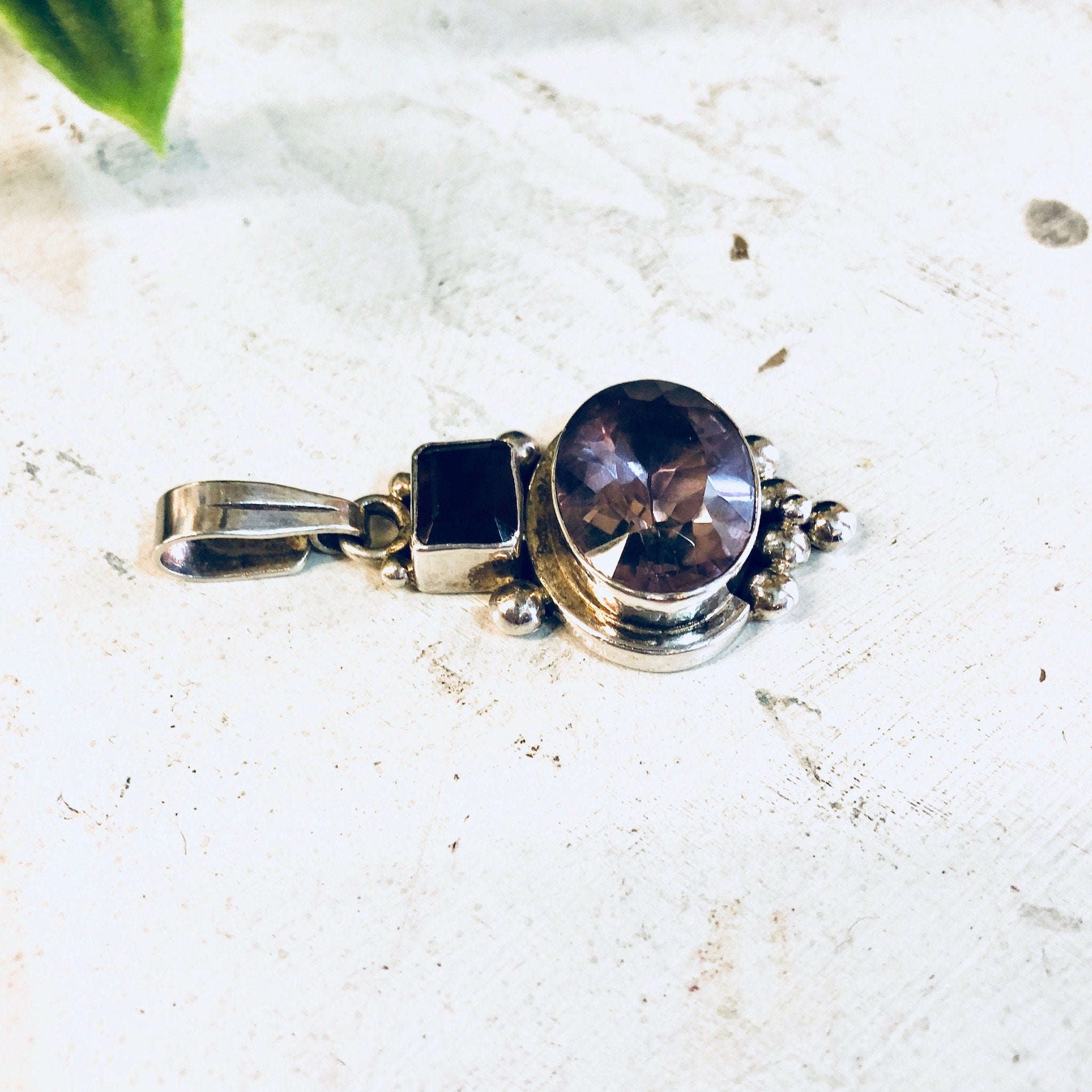 Vintage Silver Pendant, Sterling Silver, Vintage Jewelry, Hessonite Garnet, Amethyst Pendant, Gemstone Pendant, Vintage Necklace, Brown Gem
