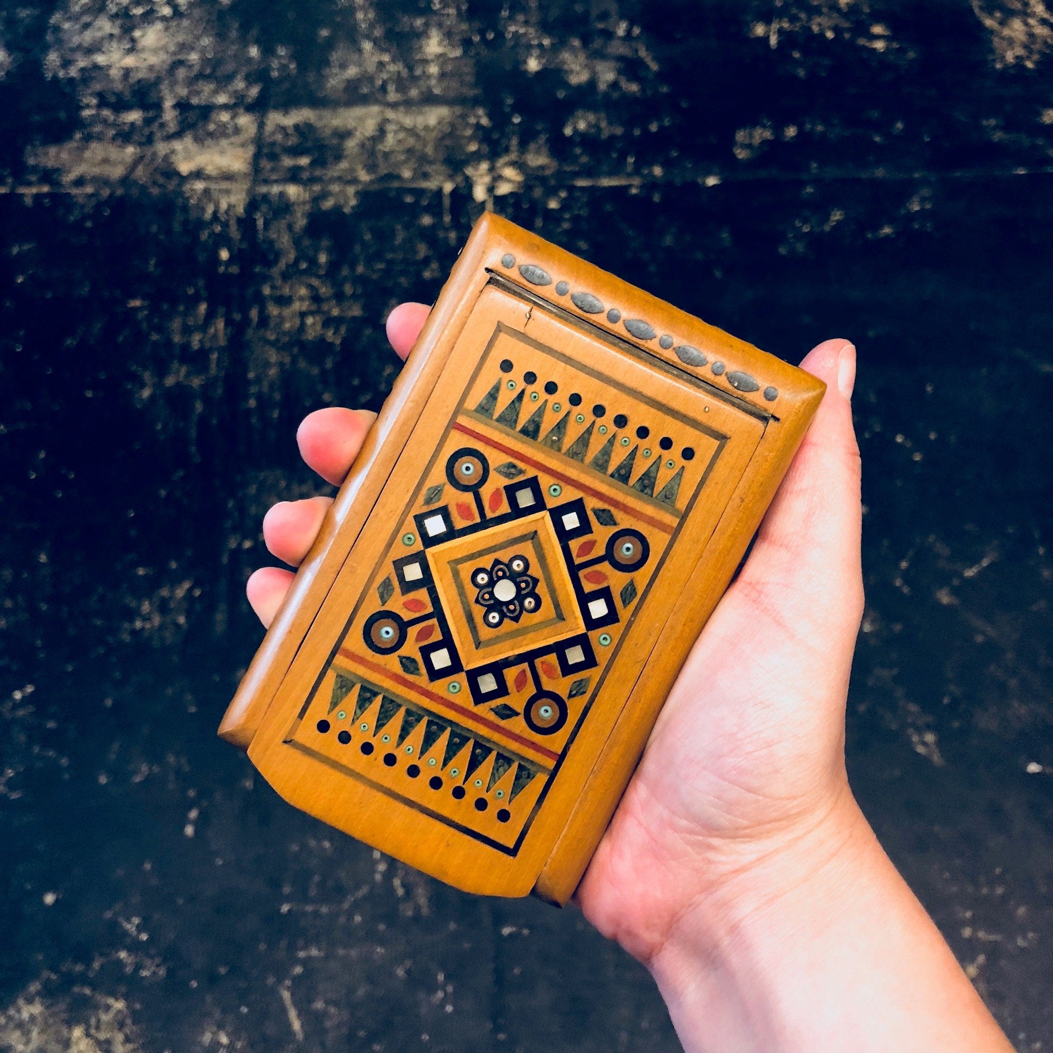 Vintage Wooden Case, Cigarette Case, Handmade Case, Small Case, Beaded Case, Wooden Wallet, Inlaid Wood Case, Hand Crafted, Card Holder