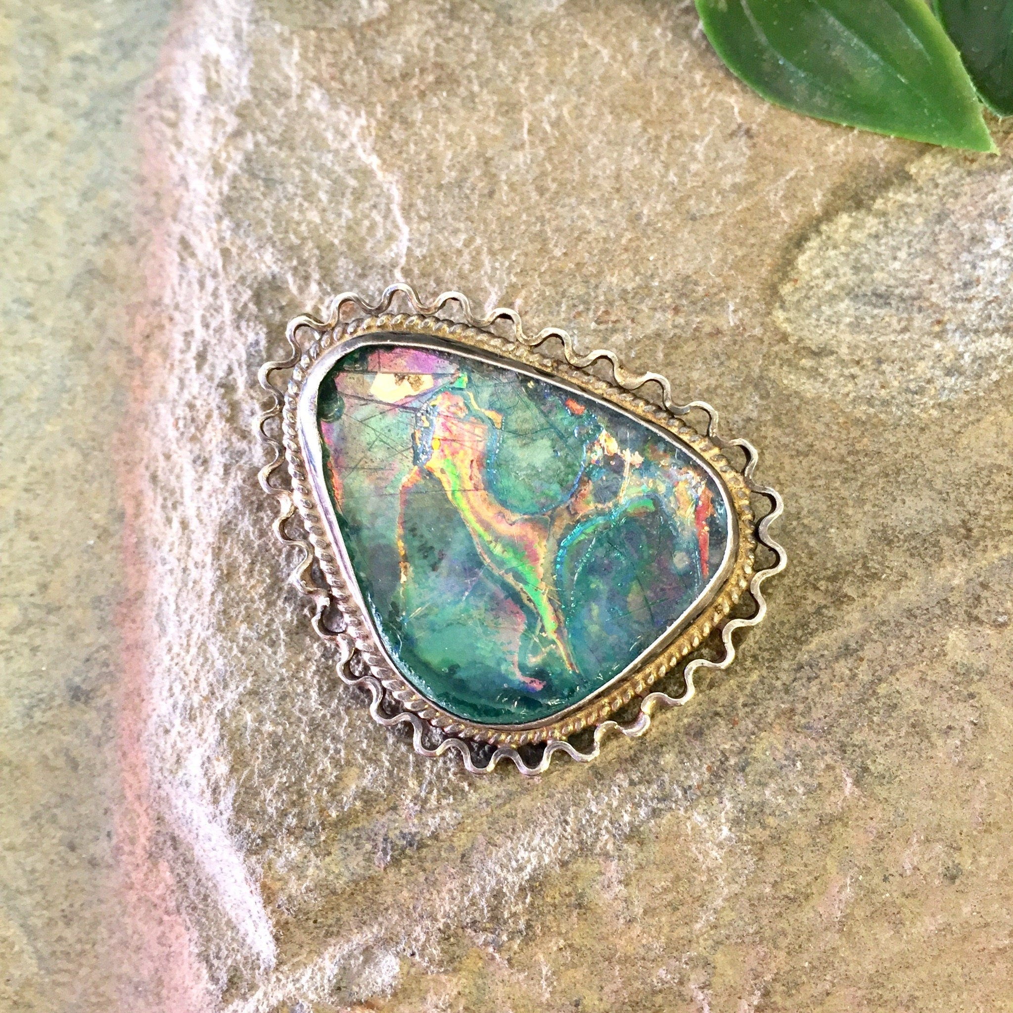 Vintage Silver Pendant, Vintage Silver Brooch, Sterling Silver, Vintage Necklace, Iridescent Stone, Green, Blue, Vintage Pin,Vintage Jewelry