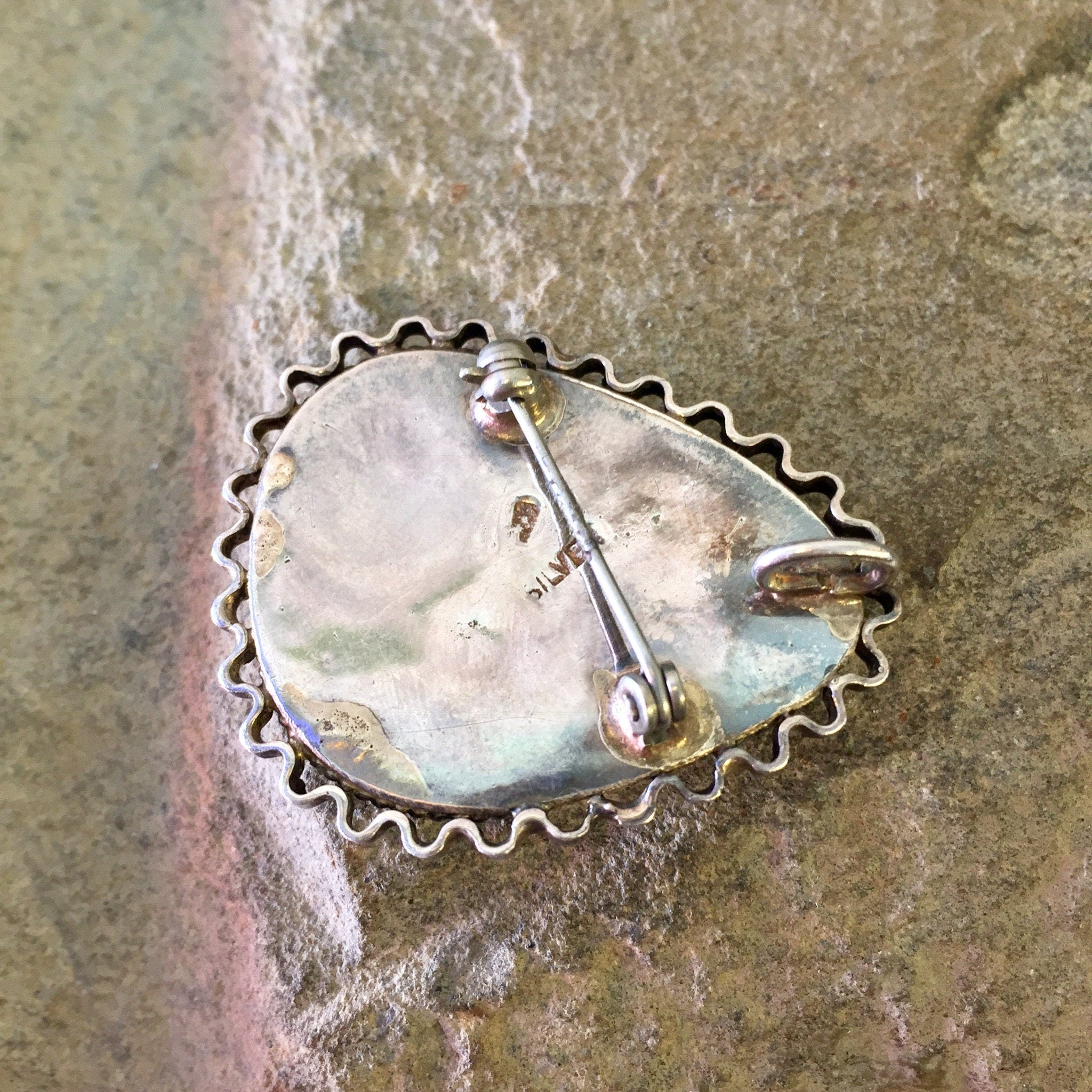 Vintage Silver Pendant, Vintage Silver Brooch, Sterling Silver, Vintage Necklace, Iridescent Stone, Green, Blue, Vintage Pin,Vintage Jewelry