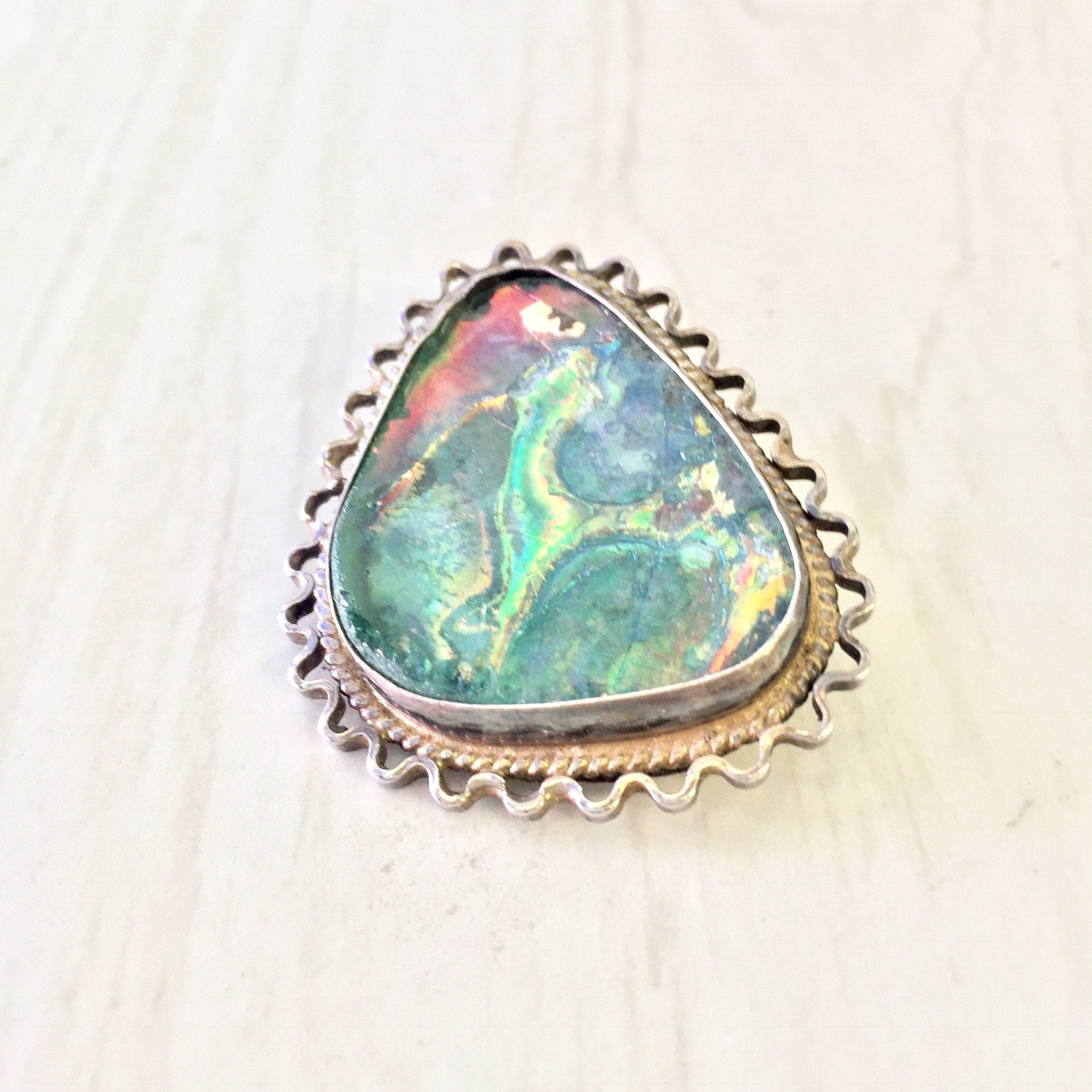 Vintage Silver Pendant, Vintage Silver Brooch, Sterling Silver, Vintage Necklace, Iridescent Stone, Green, Blue, Vintage Pin,Vintage Jewelry