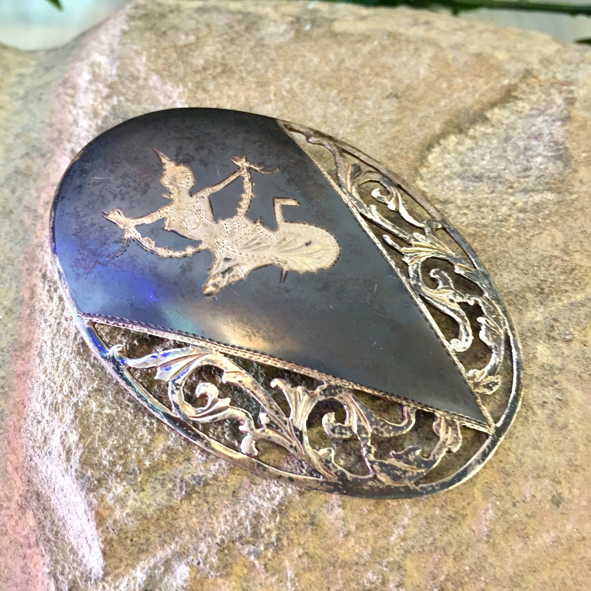 Siam Sterling Brooch, Vintage Brooch, Sterling Silver, Vintage Jewelry, Nielloware, Goddess of Lightening, Mekhala, Silver Brooch, Asian
