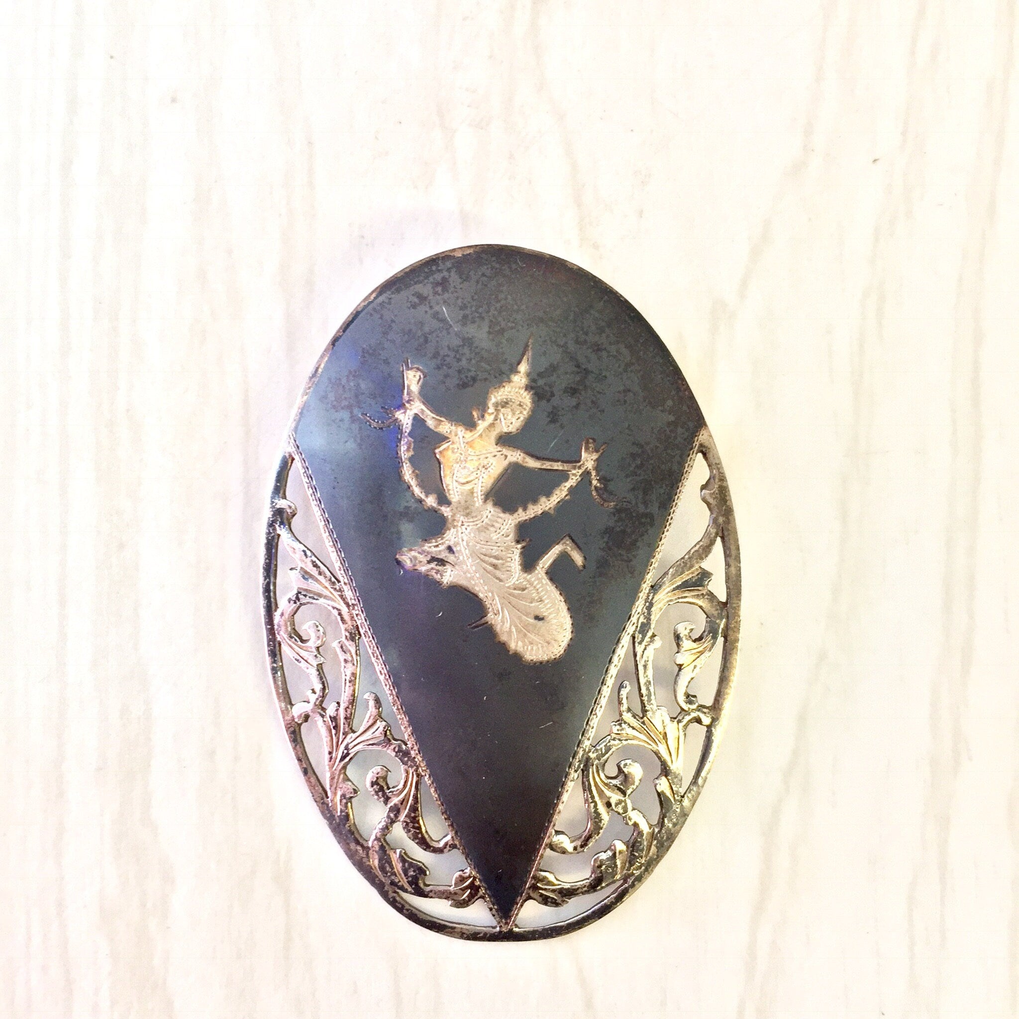 Siam Sterling Brooch, Vintage Brooch, Sterling Silver, Vintage Jewelry, Nielloware, Goddess of Lightening, Mekhala, Silver Brooch, Asian