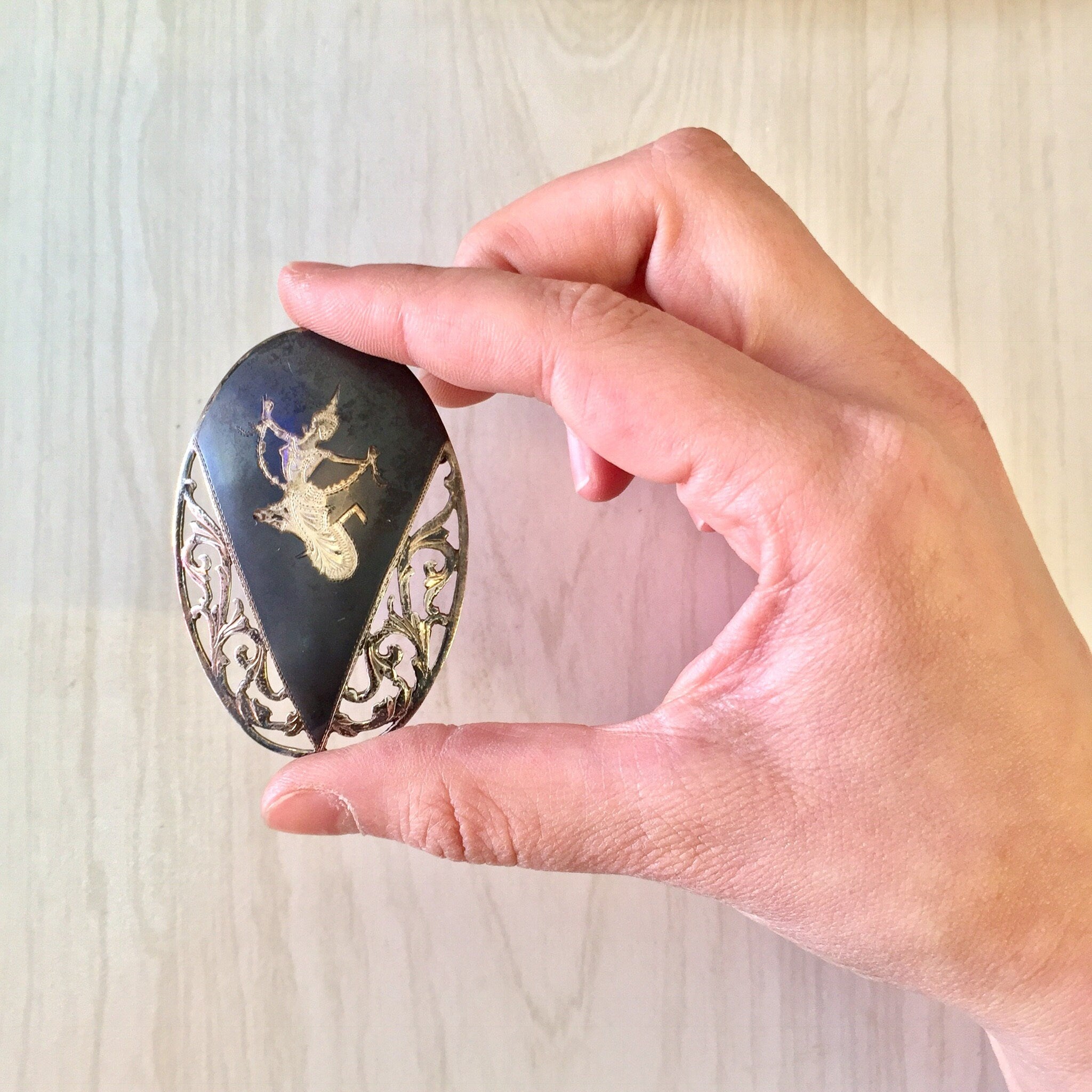 Siam Sterling Brooch, Vintage Brooch, Sterling Silver, Vintage Jewelry, Nielloware, Goddess of Lightening, Mekhala, Silver Brooch, Asian