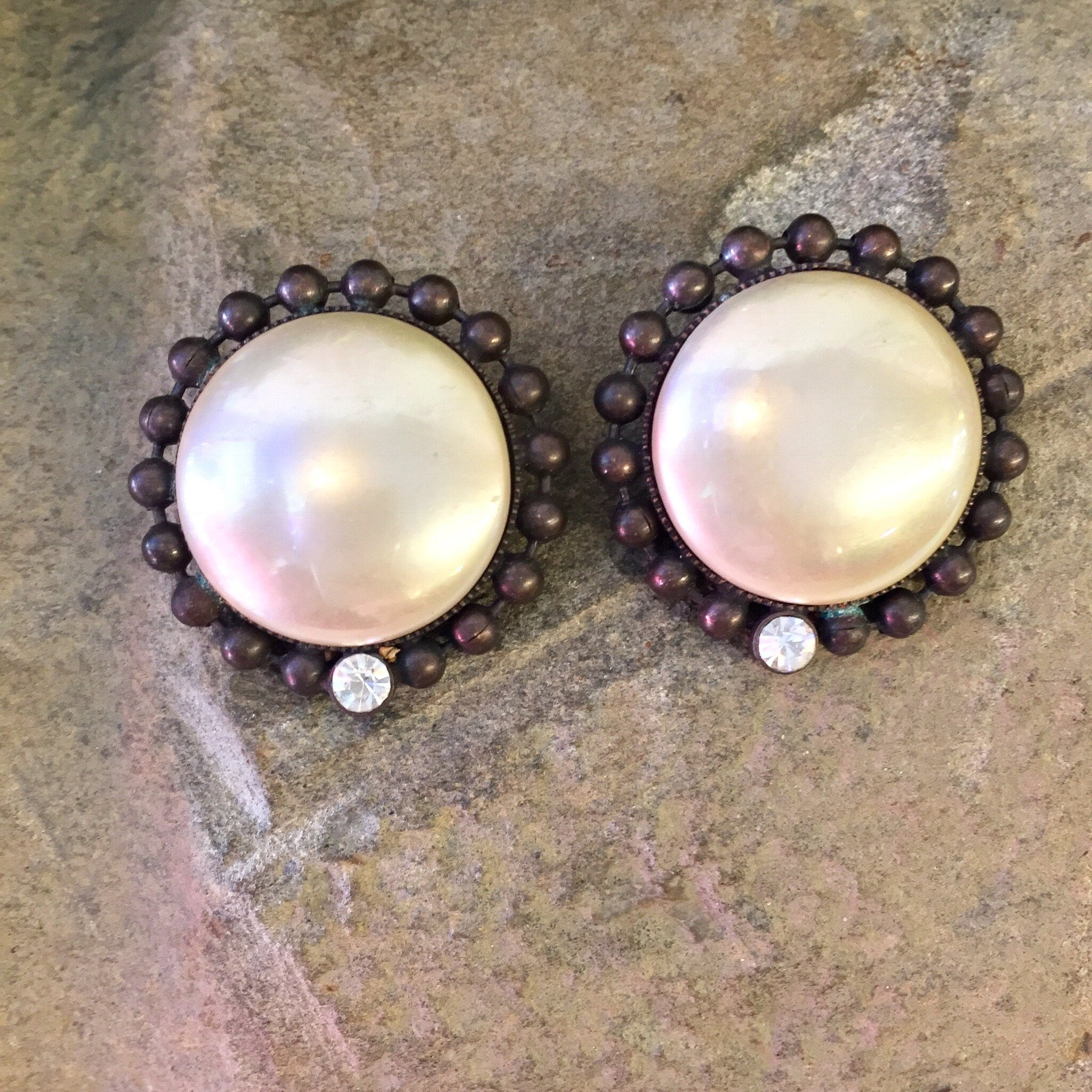 Vintage Earrings, Clip on Earrings, Vintage Jewelry, Faux Pearl Earrings, Statement Earrings, Statement Jewelry,Button Earrings,Gift for Mom