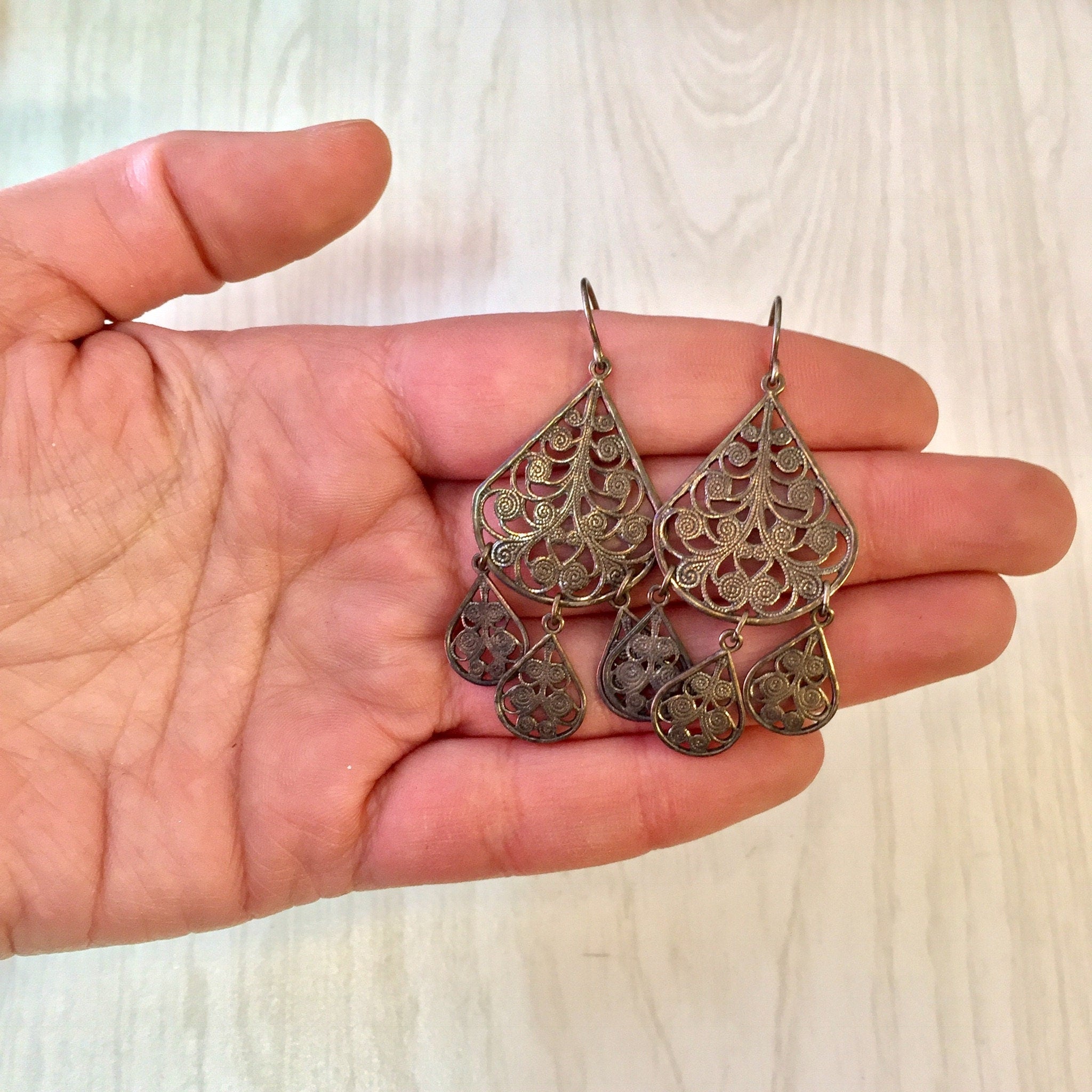 Vintage Earrings, Silver Tone Earrings, Dangle Earrings, Chandelier Earrings, Statement Jewelry, Vintage Jewelry, Filagree Earrings, Silver