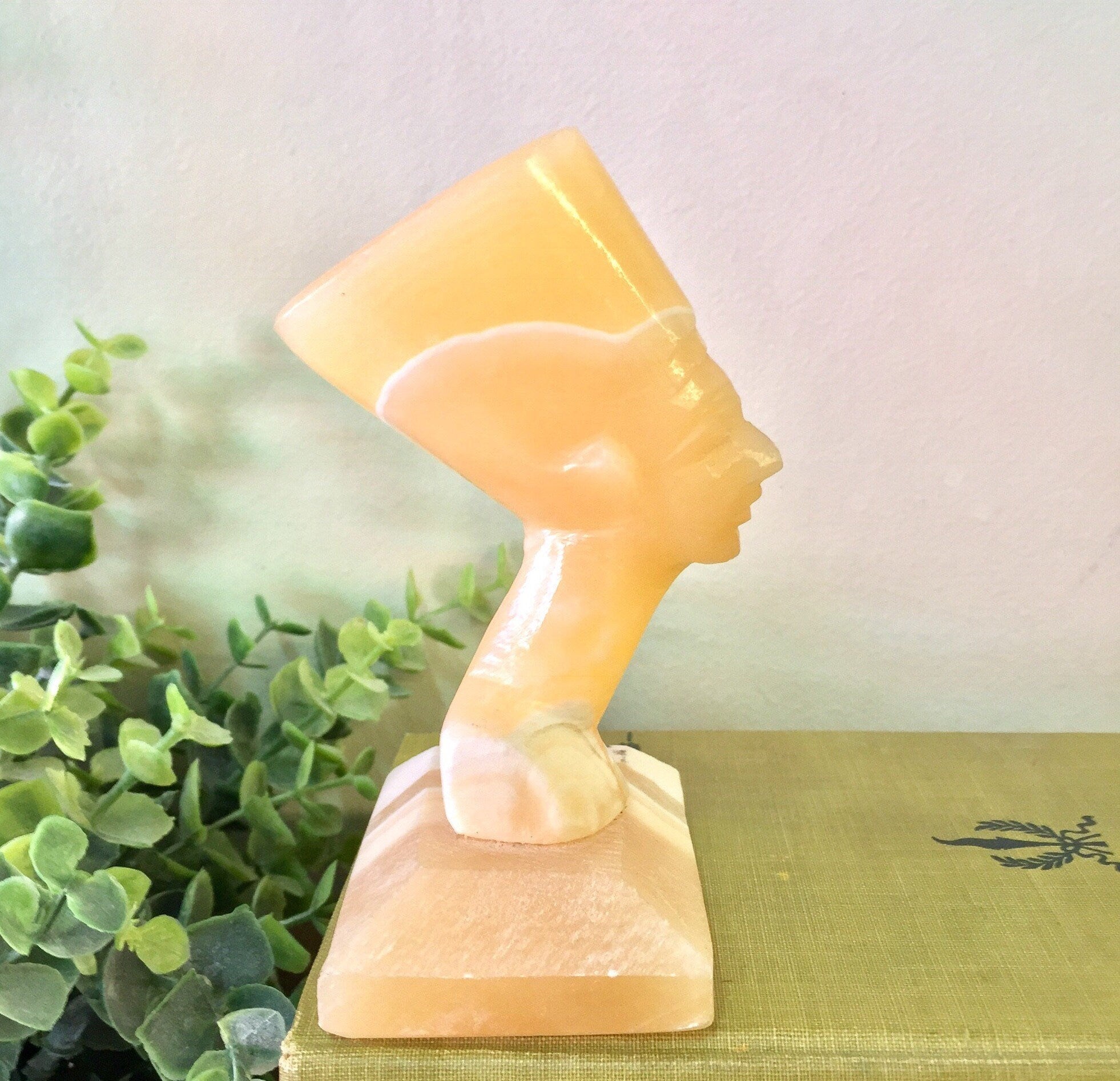 Vintage Paperweight, Nefertiti Paperweight, Carved Paperweight, Yellow, White, Egyptian, Vintage Home Decor, Office Decor, Home Office,