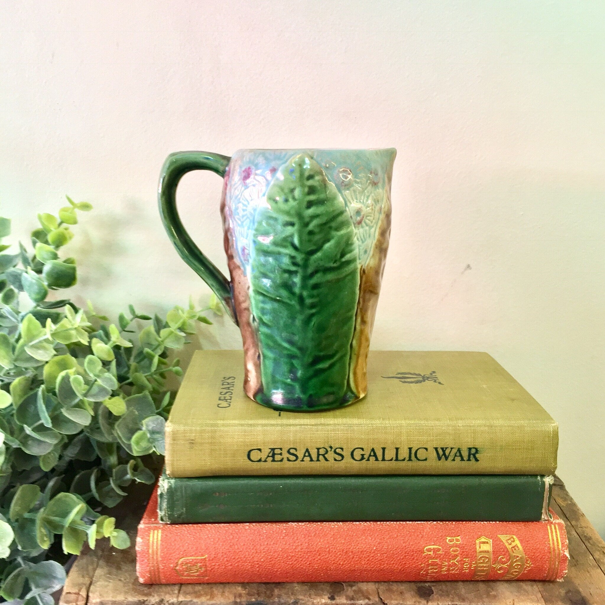 Vintage Pottery, Vintage Home Decor, Vintage Creamer, Milk Pitcher, Floral Pottery, Green, Blue, Purple, Brown, Flowers, Leaves,Gift for Mom