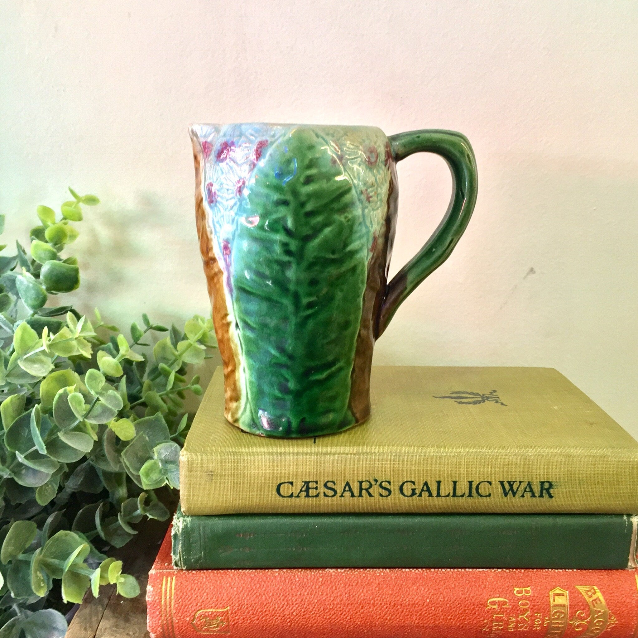 Vintage Pottery, Vintage Home Decor, Vintage Creamer, Milk Pitcher, Floral Pottery, Green, Blue, Purple, Brown, Flowers, Leaves,Gift for Mom