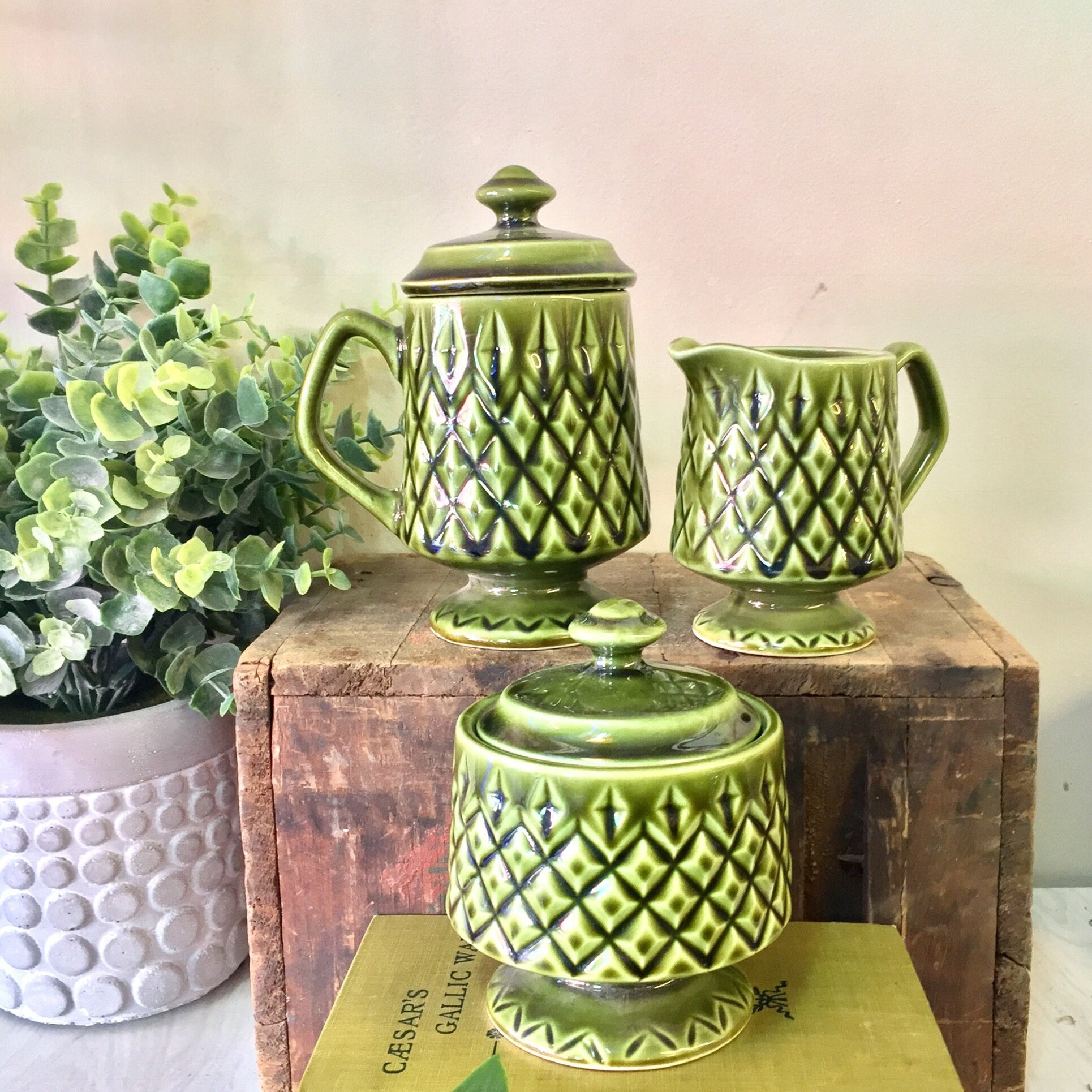 Vintage Tea Set, Tea Service, Green Diamond Pattern, Tea Cup, Creamer, Sugar Bowl, Vintage Home Decor, Made in Japan, Tea Set, Tea, Diamond