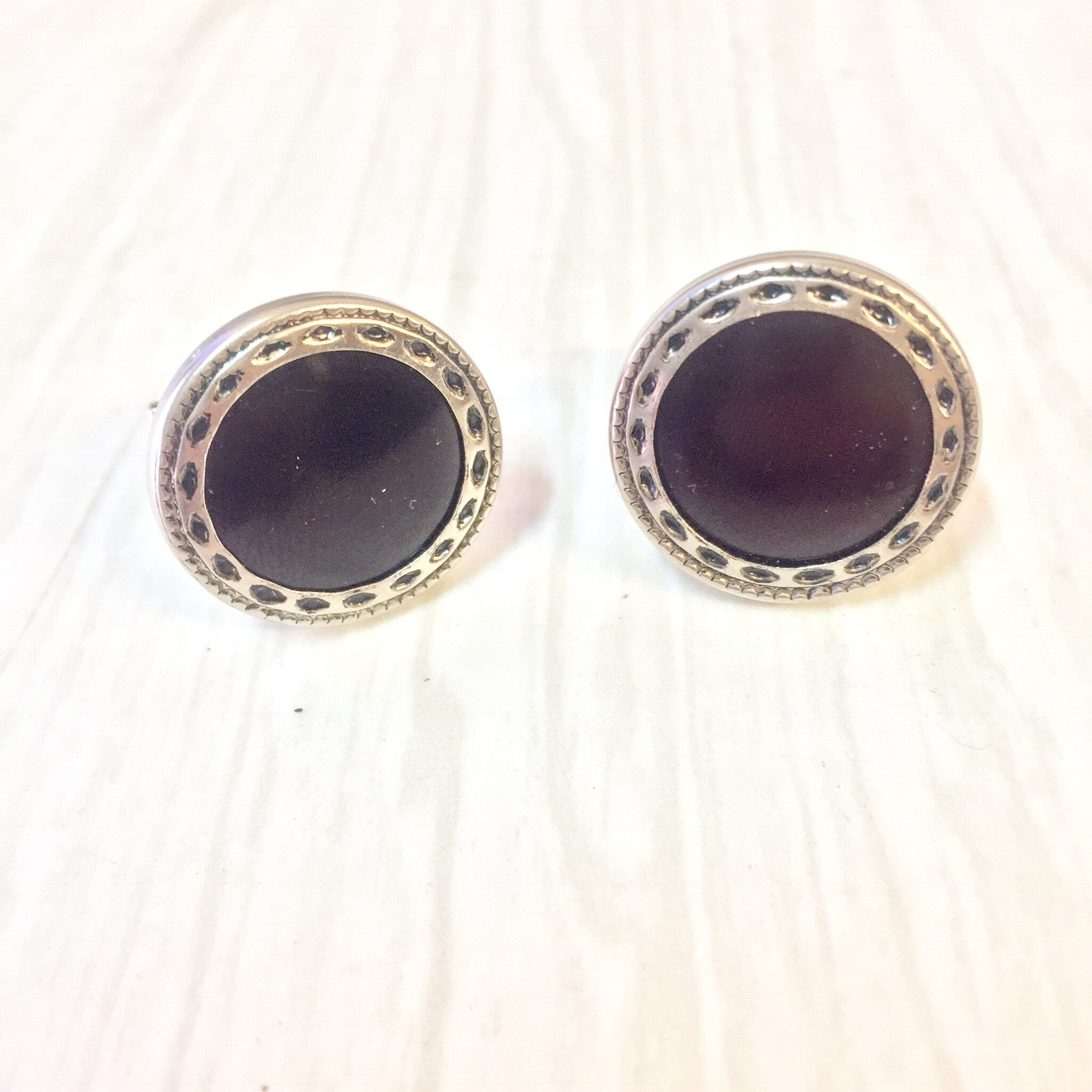 Vintage Cufflinks, Menswear, Suit Accessories, Suit and Tie, Vintage Jewelry, Silver Tone Cuff Links, Round Cufflinks, Black Cufflinks,