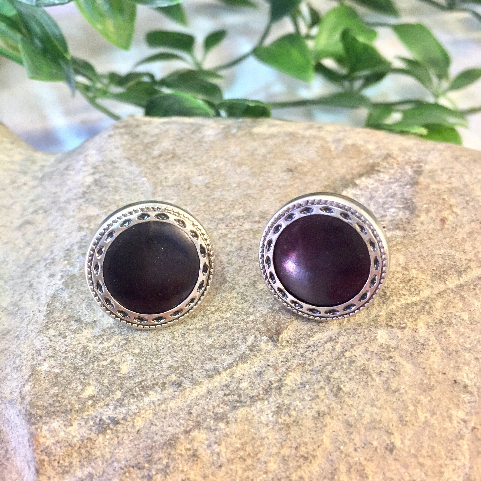 Vintage Cufflinks, Menswear, Suit Accessories, Suit and Tie, Vintage Jewelry, Silver Tone Cuff Links, Round Cufflinks, Black Cufflinks,
