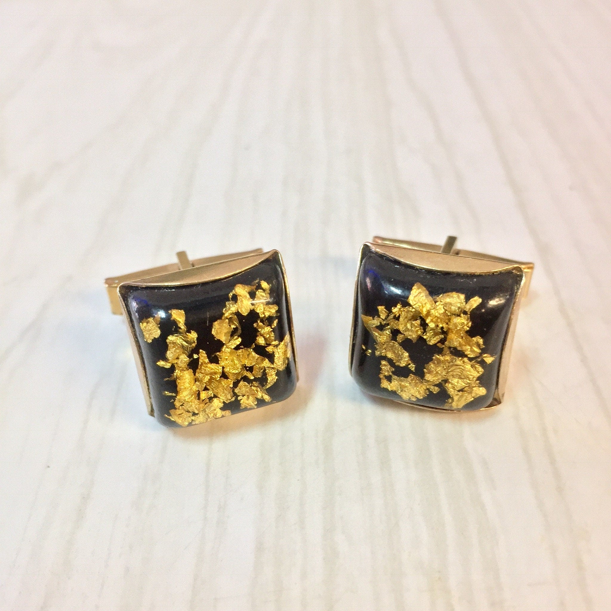 Vintage Cufflinks, Mensear, Suit Accessories, Gold Cufflinks, Black, Gold, Yellow, Gift for Dad, Groom, Groomsman, Square Cufflinks, Bubble