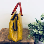 Vintage Ronay Handbag, Ronay Purse, Leather Bag, Bakelite Purse, Yellow Bag, Small Handbag, Kisslock Purse, Mustard Yellow, Red Handles