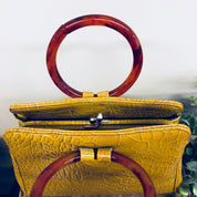 Vintage Ronay Handbag, Ronay Purse, Leather Bag, Bakelite Purse, Yellow Bag, Small Handbag, Kisslock Purse, Mustard Yellow, Red Handles