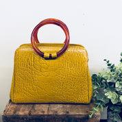 Vintage Ronay Handbag, Ronay Purse, Leather Bag, Bakelite Purse, Yellow Bag, Small Handbag, Kisslock Purse, Mustard Yellow, Red Handles