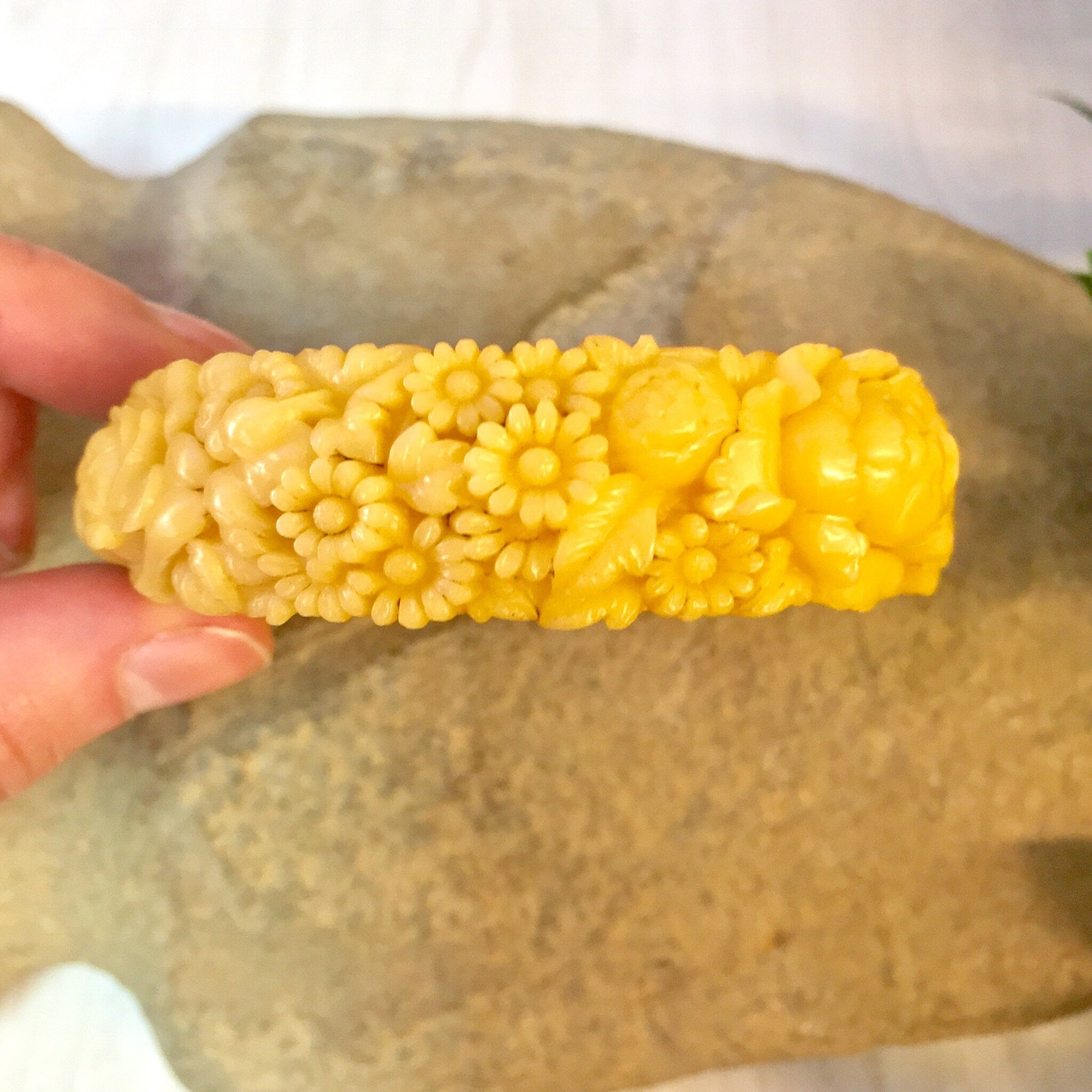 Vintage Celluloid Bracelet, Bangle Bracelet, Vintage Jewelry, Celluloid Jewelry, Floral Bracelet, Flowers, Carved Celluloid, Yellow Bracelet