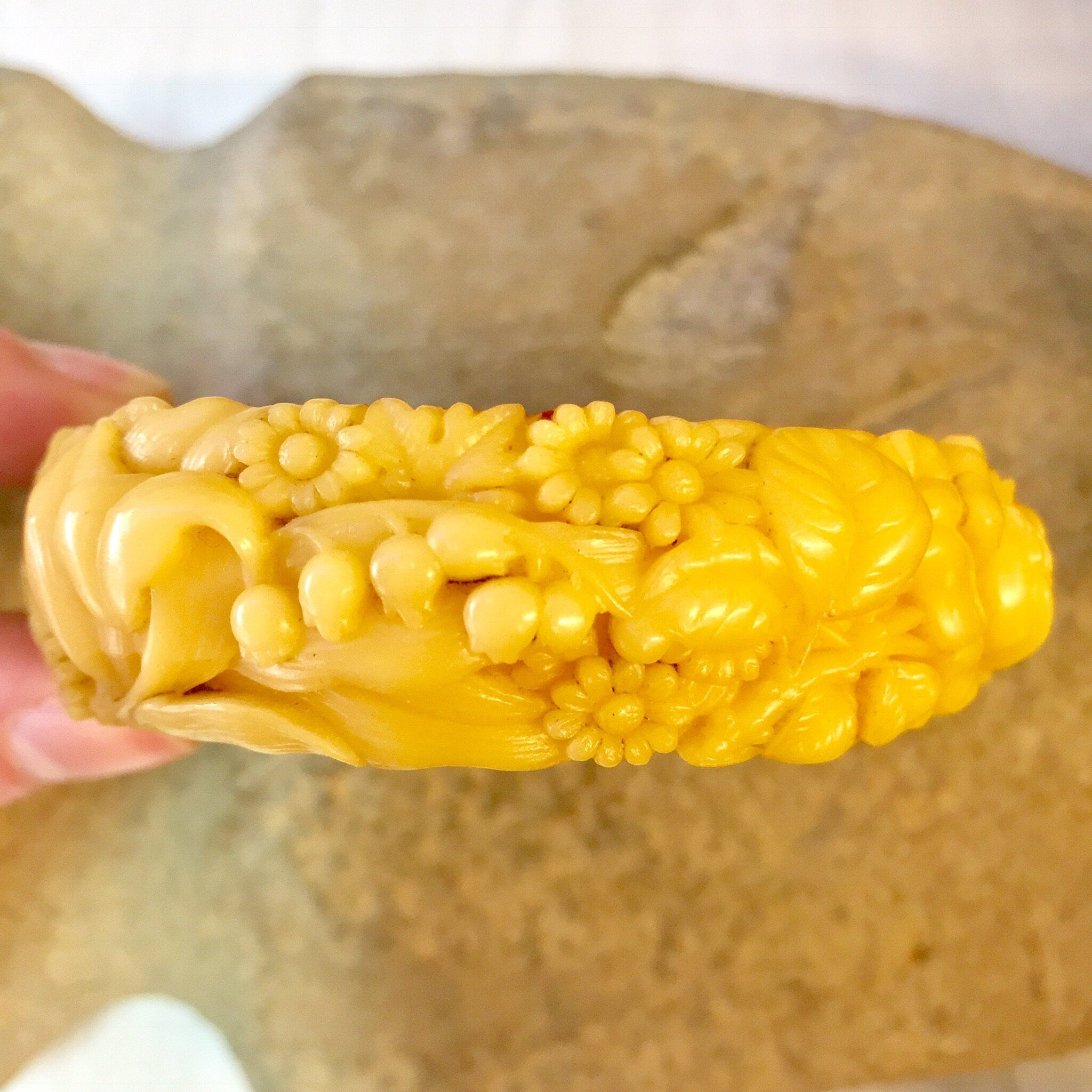 Vintage Celluloid Bracelet, Bangle Bracelet, Vintage Jewelry, Celluloid Jewelry, Floral Bracelet, Flowers, Carved Celluloid, Yellow Bracelet