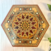 Vintage Box, Jewelry Box, Vintage Home Decor, Keepsake Box, Decorative Box, Wooden Box, Inlaid Wood, Brown, Red, Green, Hexagon Box