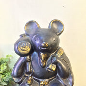Large vintage black and gold ceramic sake bottle shaped like two hugging rats or mice, a unique and rare piece of Asian home decor.