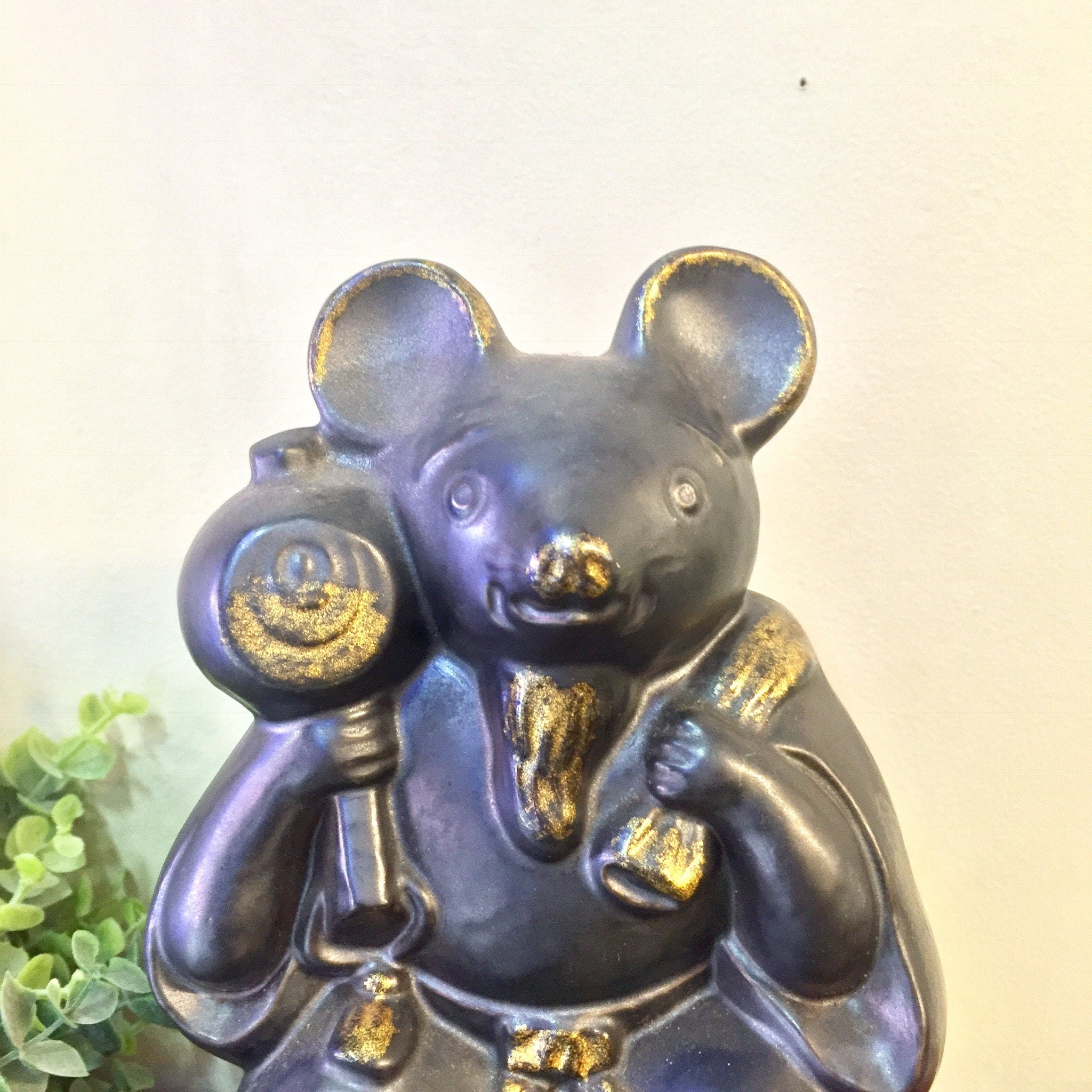 Large vintage black and gold ceramic sake bottle shaped like two hugging rats or mice, a unique and rare piece of Asian home decor.