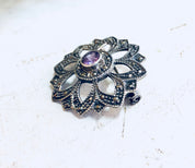 Vintage Silver Brooch, Amethyst Brooch, Marcasite Jewelry, Sterling Silver, Vintage Jewelry, Vintage Pin, Purple Pin, Starburst, Star Shape
