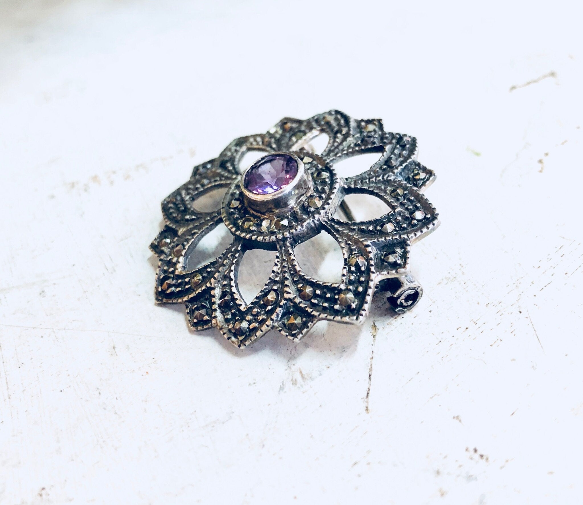 Vintage Silver Brooch, Amethyst Brooch, Marcasite Jewelry, Sterling Silver, Vintage Jewelry, Vintage Pin, Purple Pin, Starburst, Star Shape