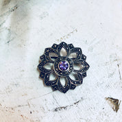 Vintage Silver Brooch, Amethyst Brooch, Marcasite Jewelry, Sterling Silver, Vintage Jewelry, Vintage Pin, Purple Pin, Starburst, Star Shape
