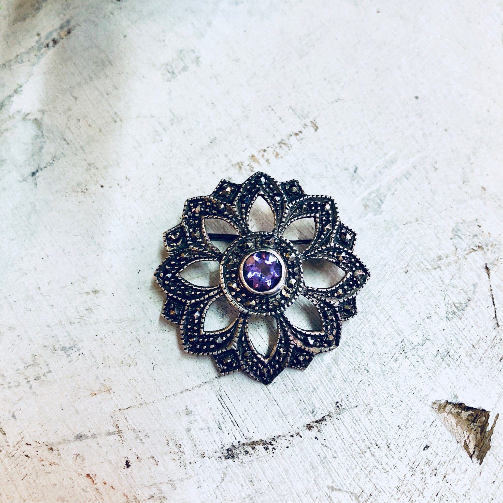 Vintage Silver Brooch, Amethyst Brooch, Marcasite Jewelry, Sterling Silver, Vintage Jewelry, Vintage Pin, Purple Pin, Starburst, Star Shape